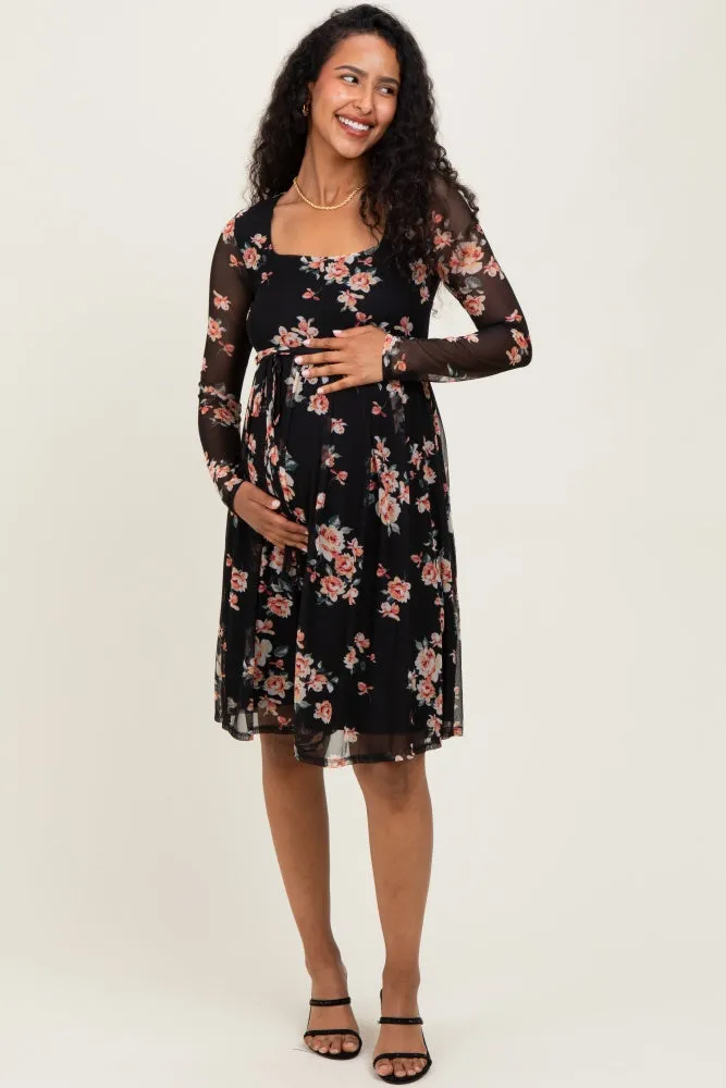 Black Floral Square Neck Long Sleeve Maternity Dress sold by Pinkblush