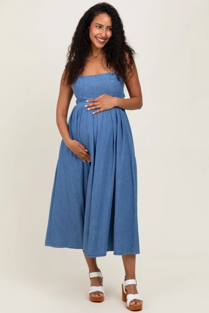 Denim Open Tied Back A-Line Maternity Midi Dress sold by Pinkblush product image thumbnail 2