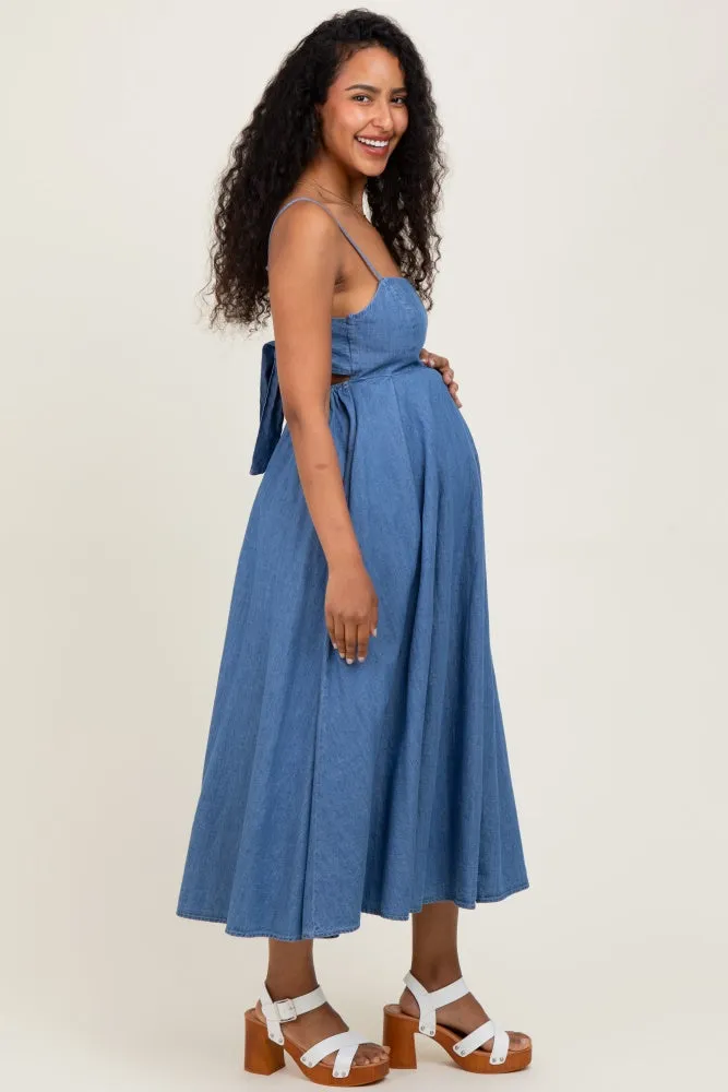 Denim Open Tied Back A-Line Maternity Midi Dress sold by Pinkblush product image thumbnail 3