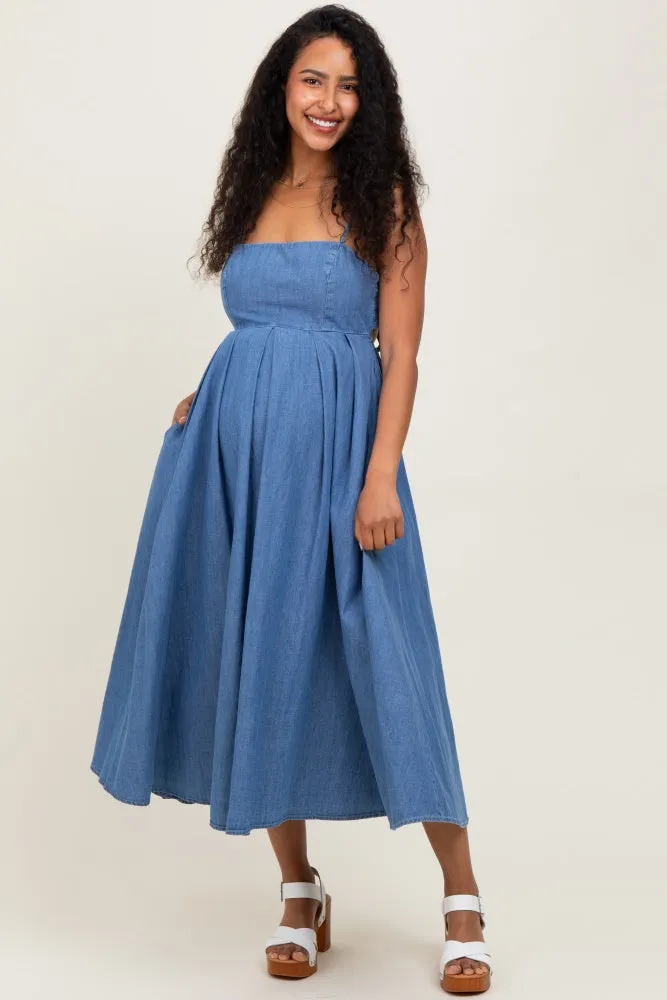 Denim Open Tied Back A-Line Maternity Midi Dress sold by Pinkblush