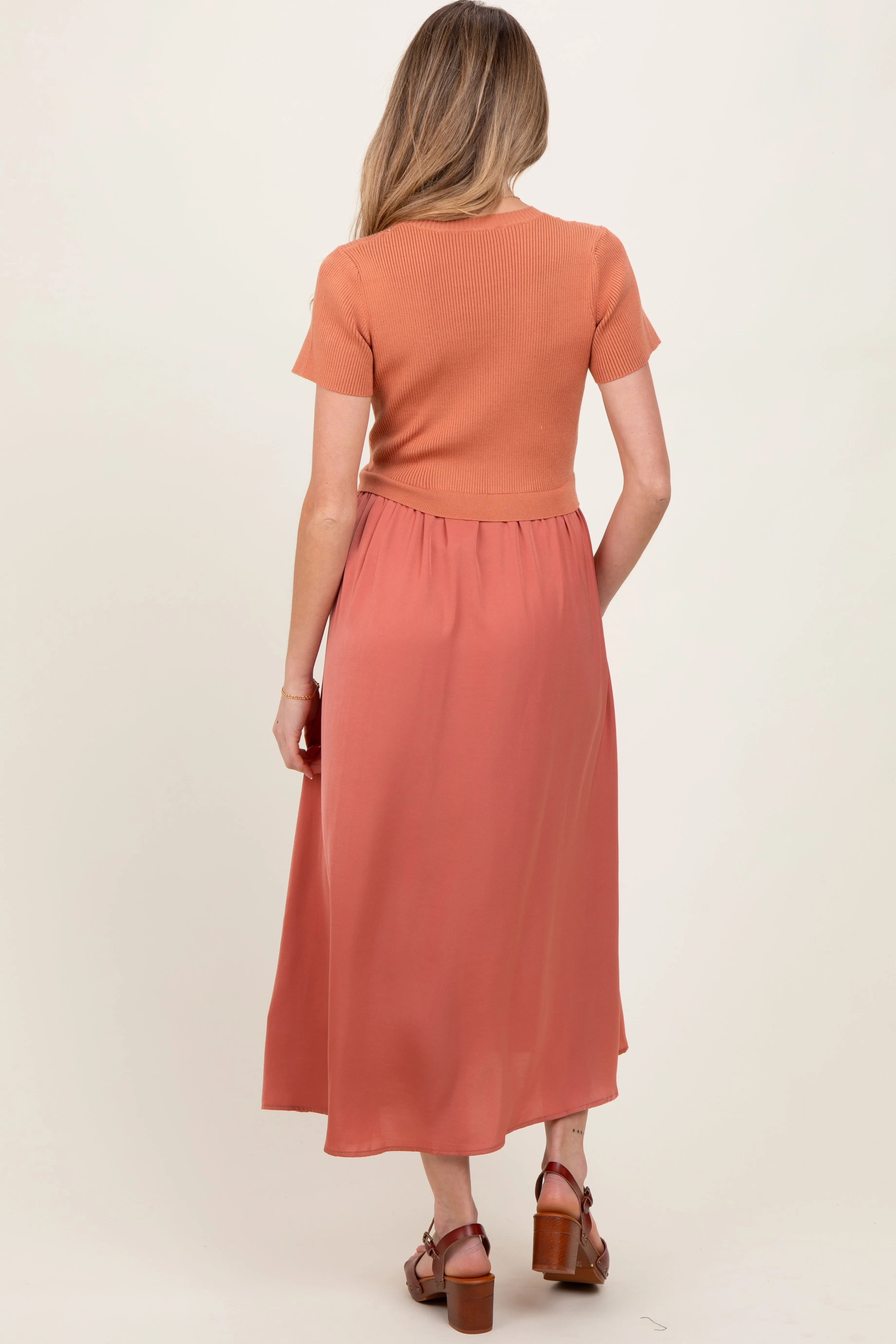 Rust Knit Contrast Top Satin Short Sleeve Maternity Midi Dress sold by Pinkblush product image thumbnail 4