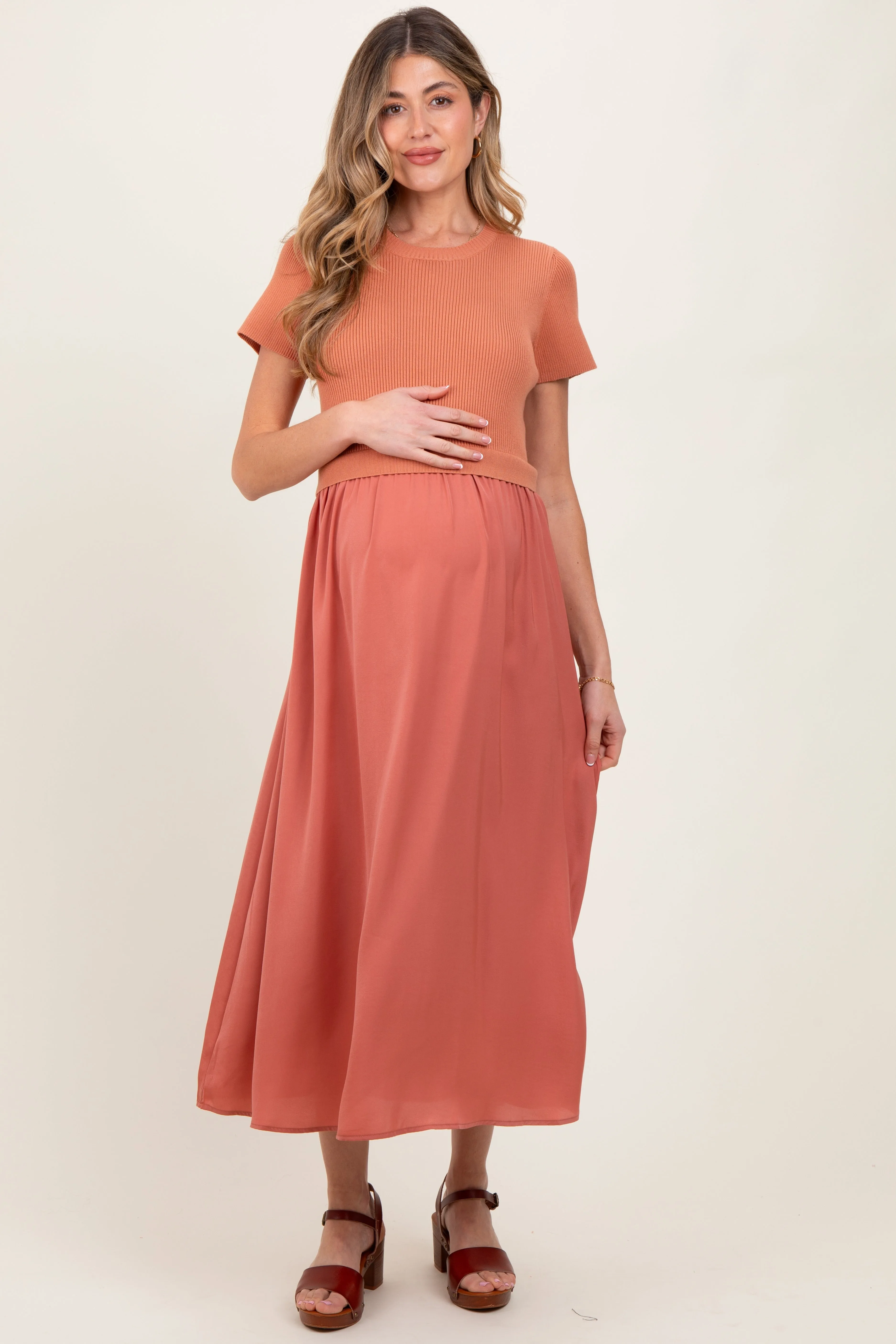 Rust Knit Contrast Top Satin Short Sleeve Maternity Midi Dress sold by Pinkblush