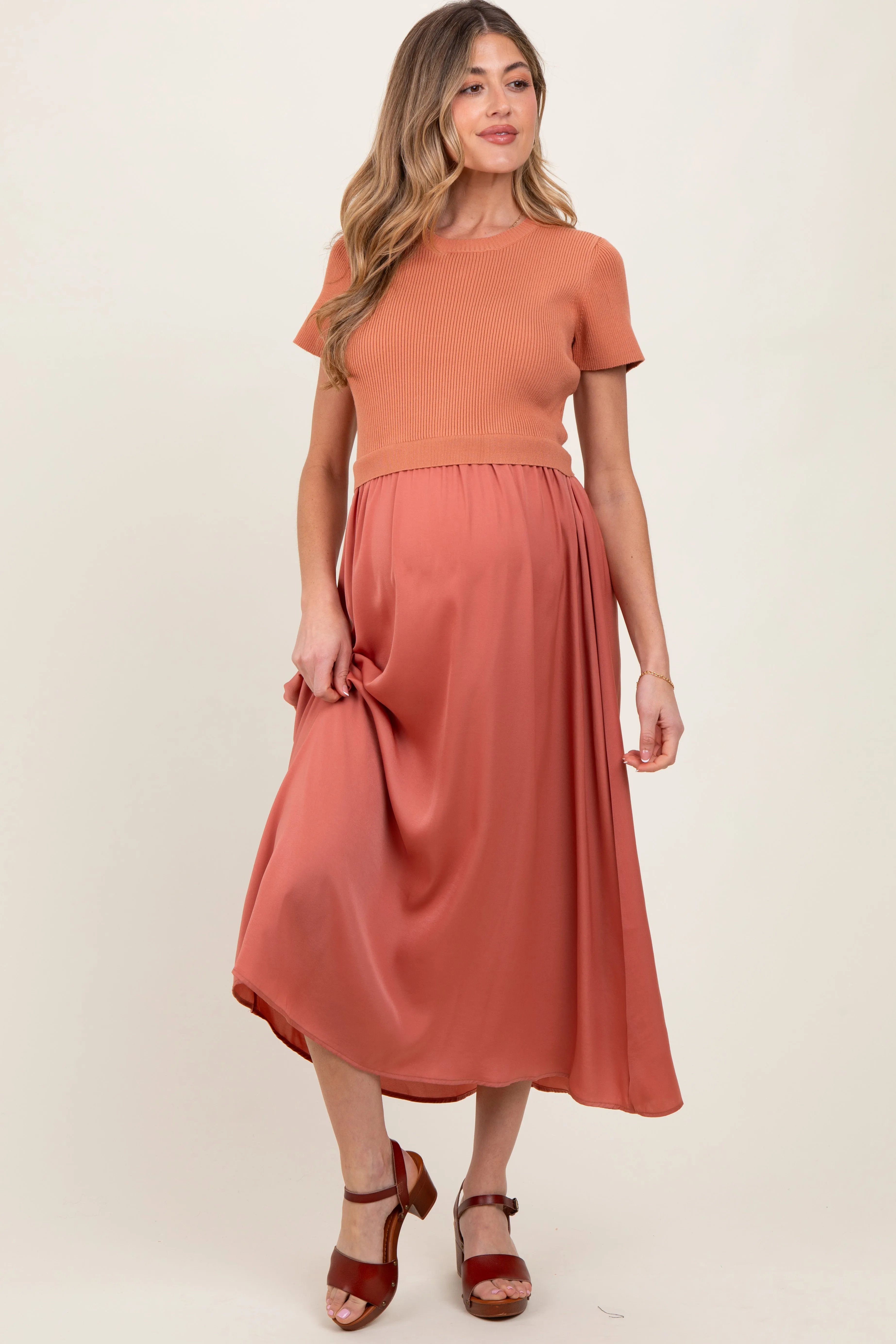 Rust Knit Contrast Top Satin Short Sleeve Maternity Midi Dress sold by Pinkblush product image thumbnail 2