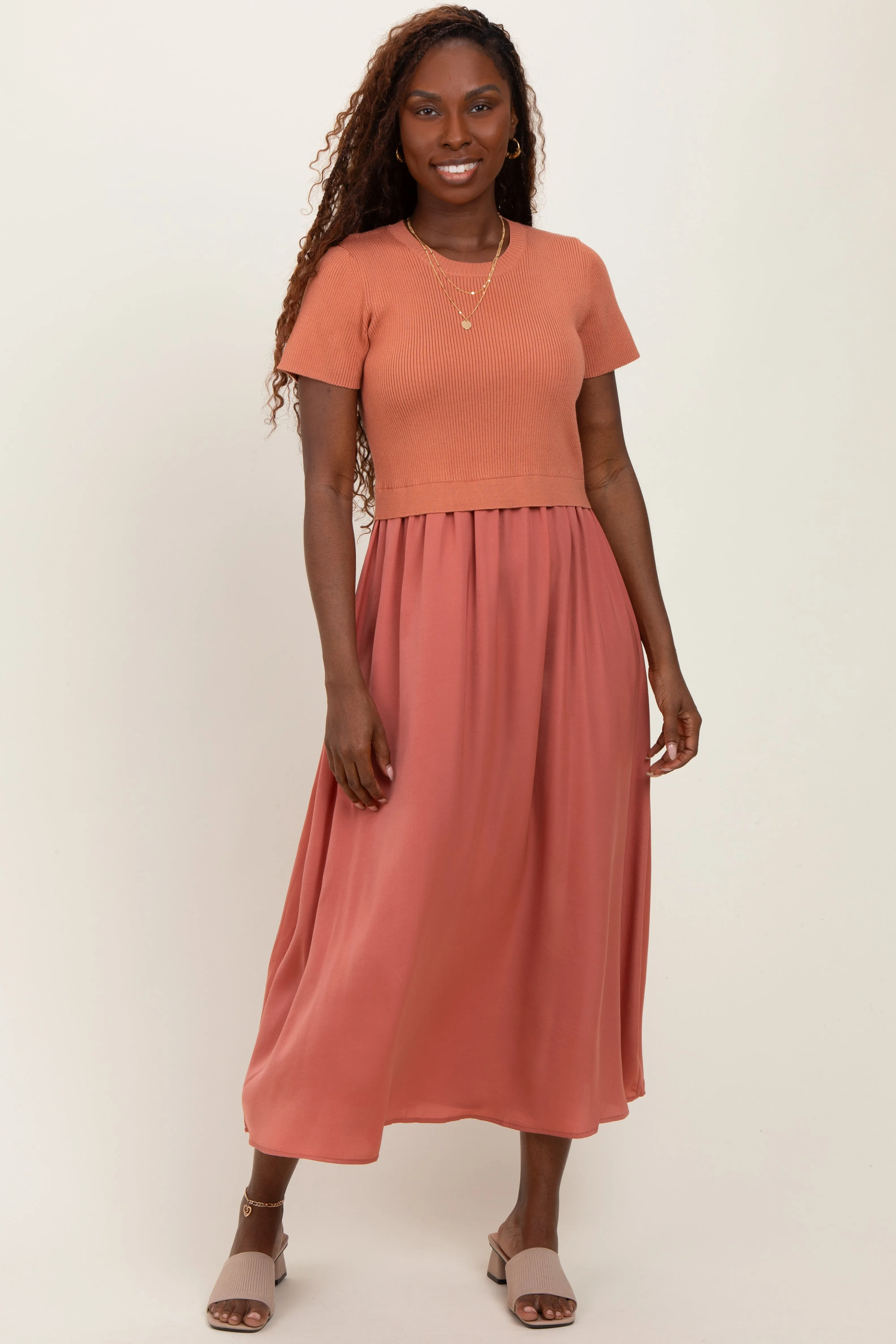 Rust Knit Contrast Top Satin Short Sleeve Maternity Midi Dress sold by Pinkblush product image thumbnail 5
