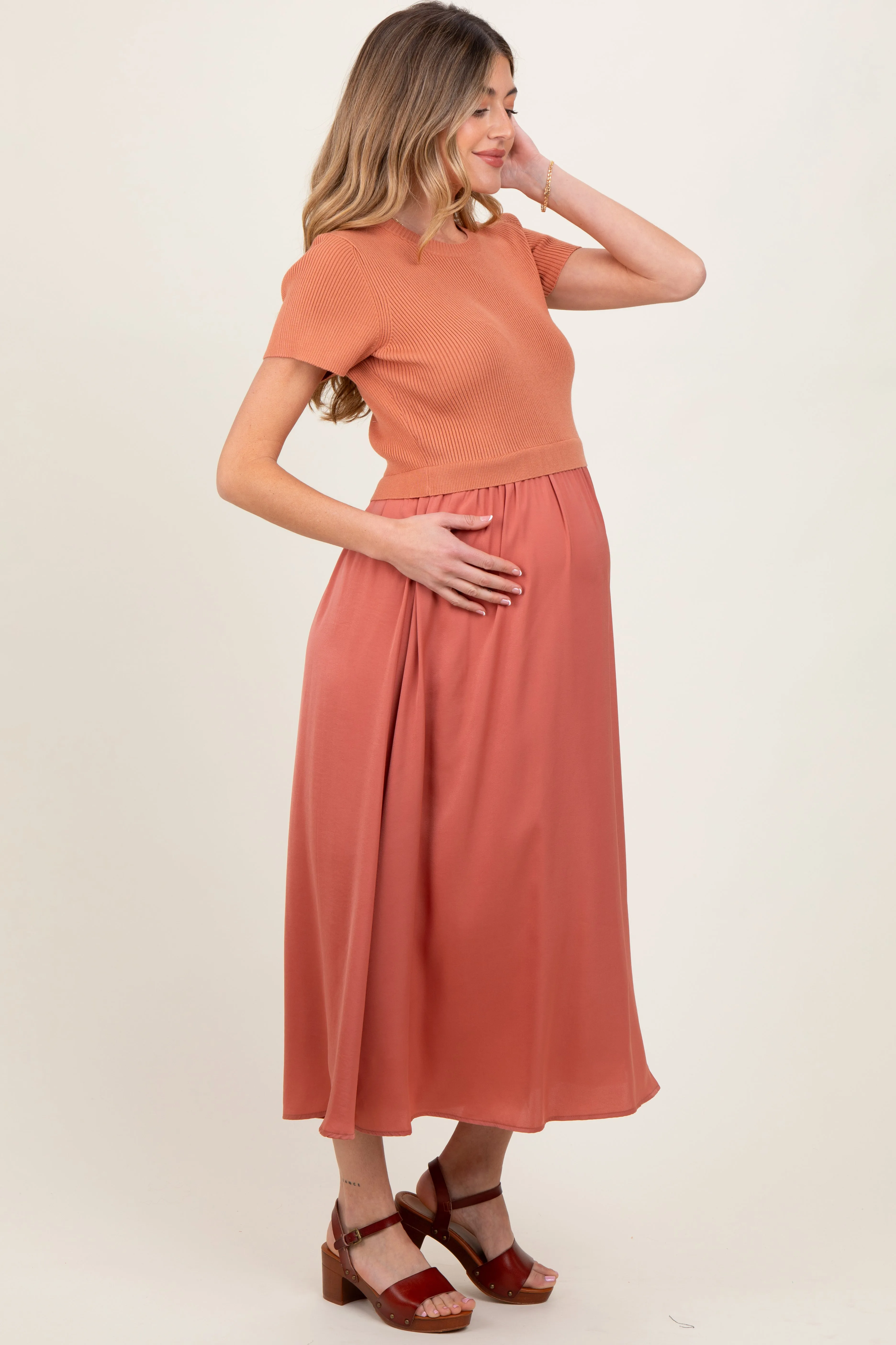 Rust Knit Contrast Top Satin Short Sleeve Maternity Midi Dress sold by Pinkblush product image thumbnail 3