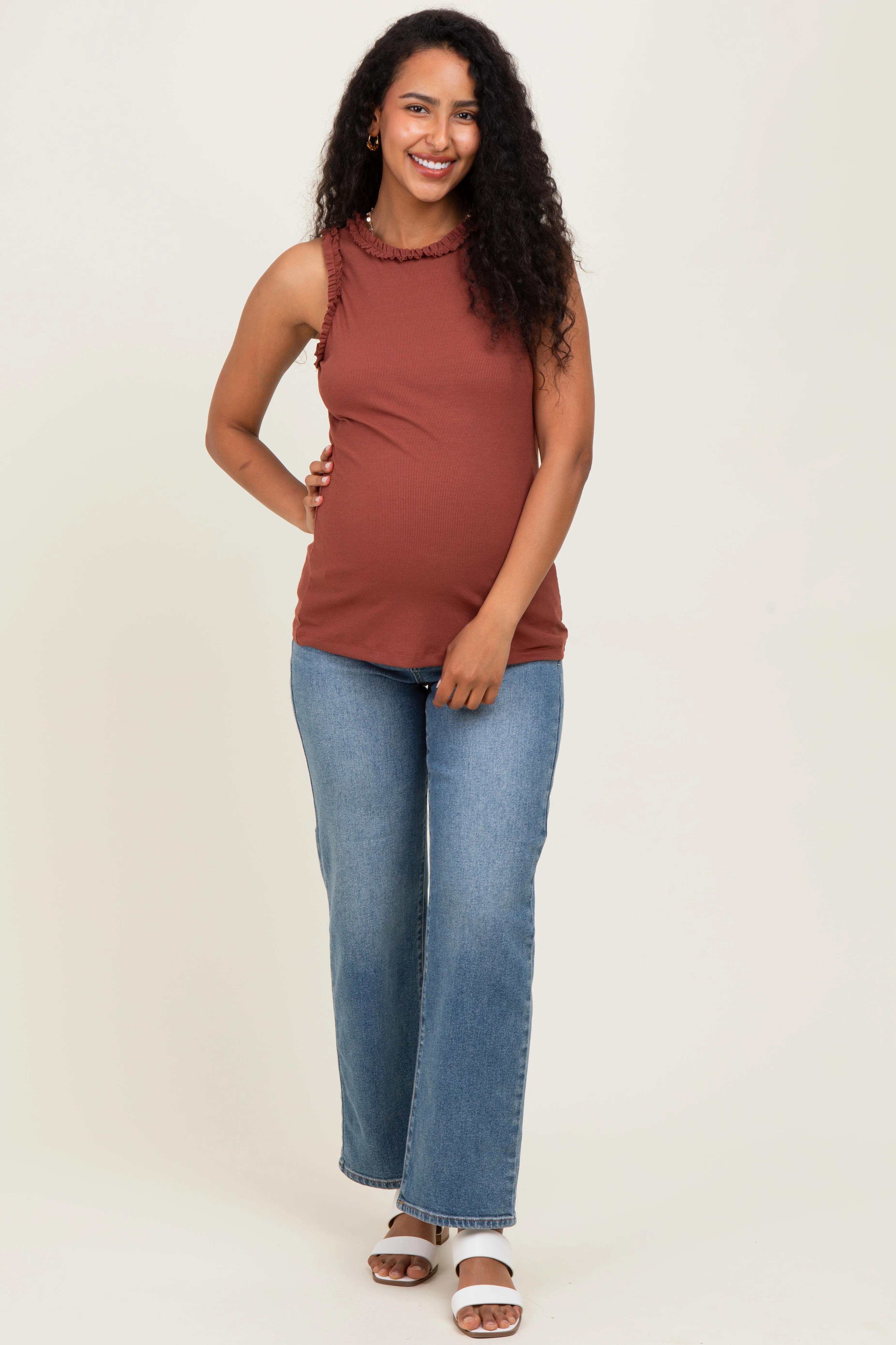 Dark Rust Rib Knit Ruffle Trim Sleeveless Maternity Top sold by Pinkblush product image thumbnail 2