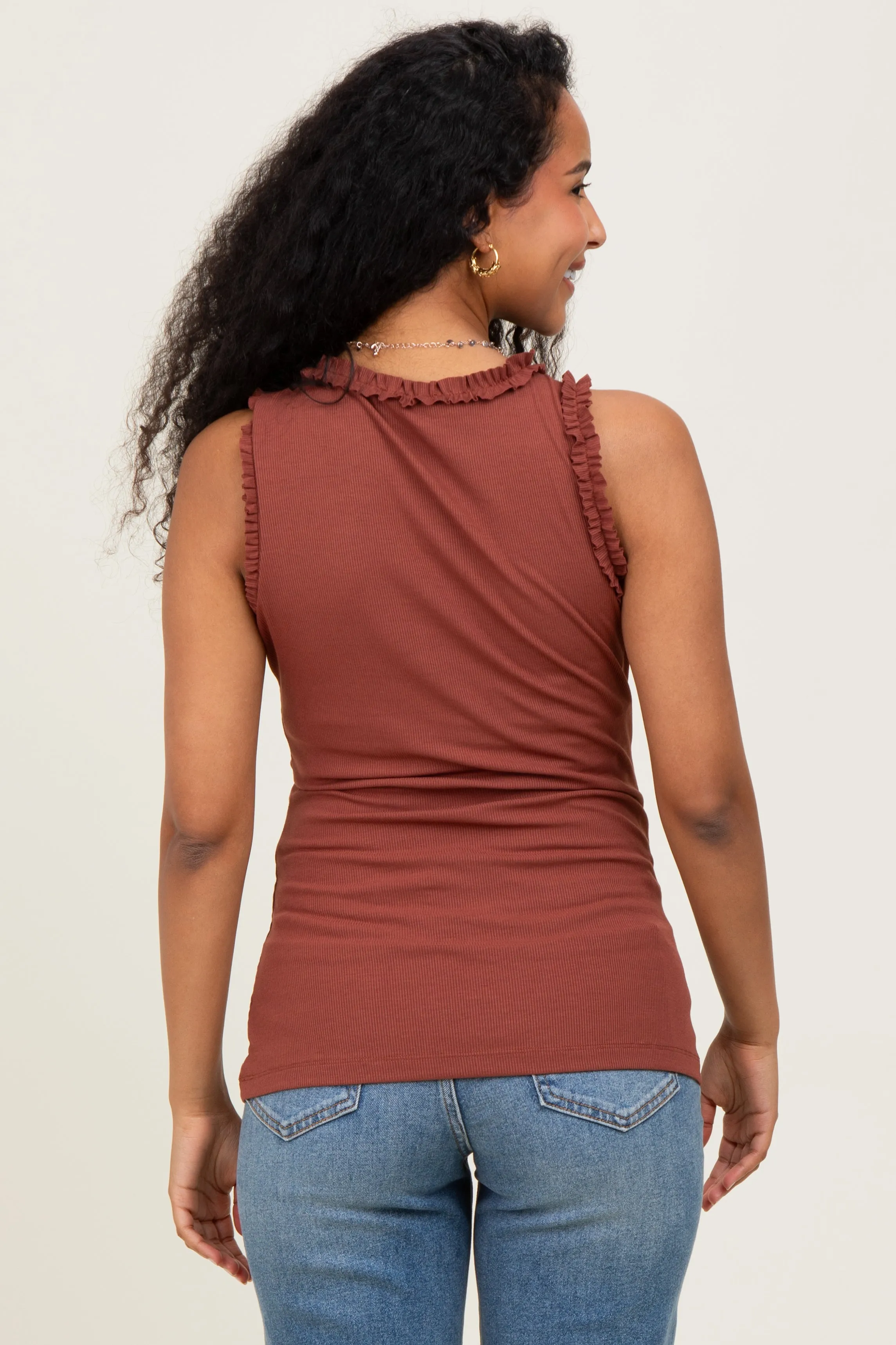 Dark Rust Rib Knit Ruffle Trim Sleeveless Maternity Top sold by Pinkblush product image thumbnail 4