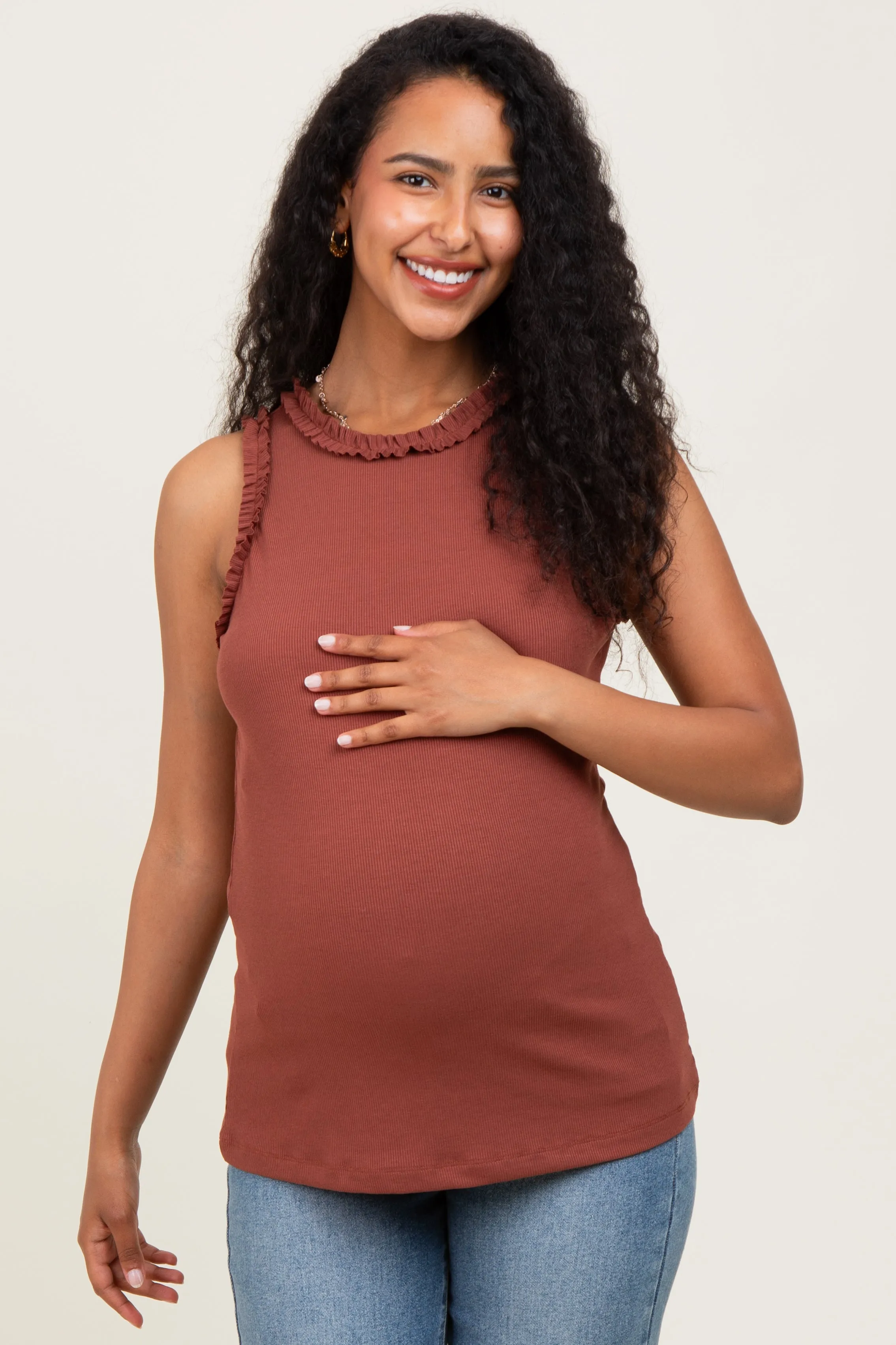 Dark Rust Rib Knit Ruffle Trim Sleeveless Maternity Top sold by Pinkblush