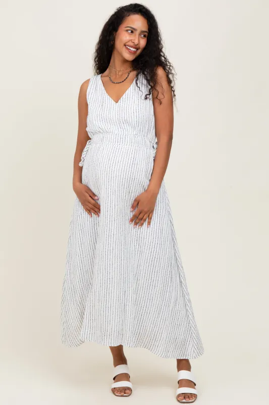 Ivory Dotted Stripe Side Tie Sleeveless Maternity Midi Dress sold by Pinkblush