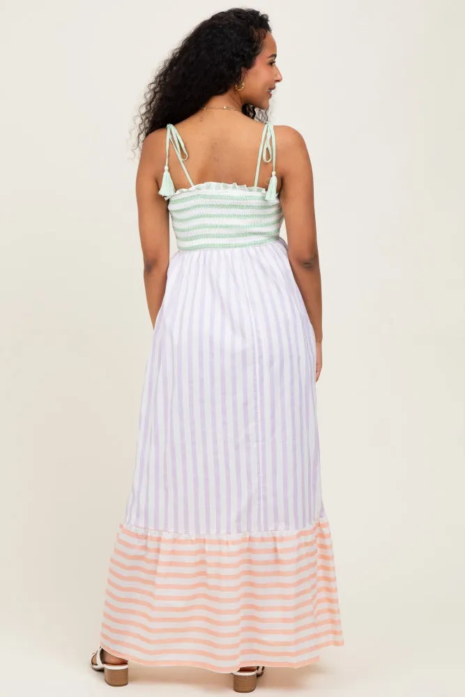 Lavender Multi-Color Striped Color Block Shoulder Tie Maternity Maxi Dress sold by Pinkblush product image thumbnail 4