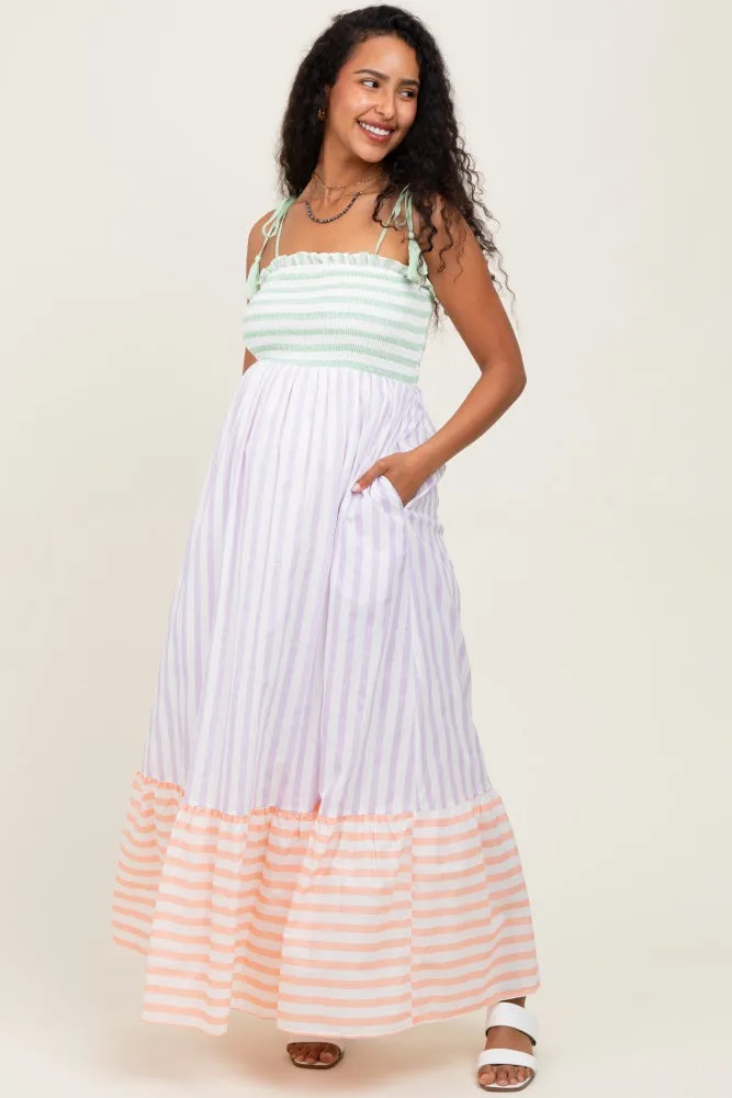 Lavender Multi-Color Striped Color Block Shoulder Tie Maternity Maxi Dress sold by Pinkblush