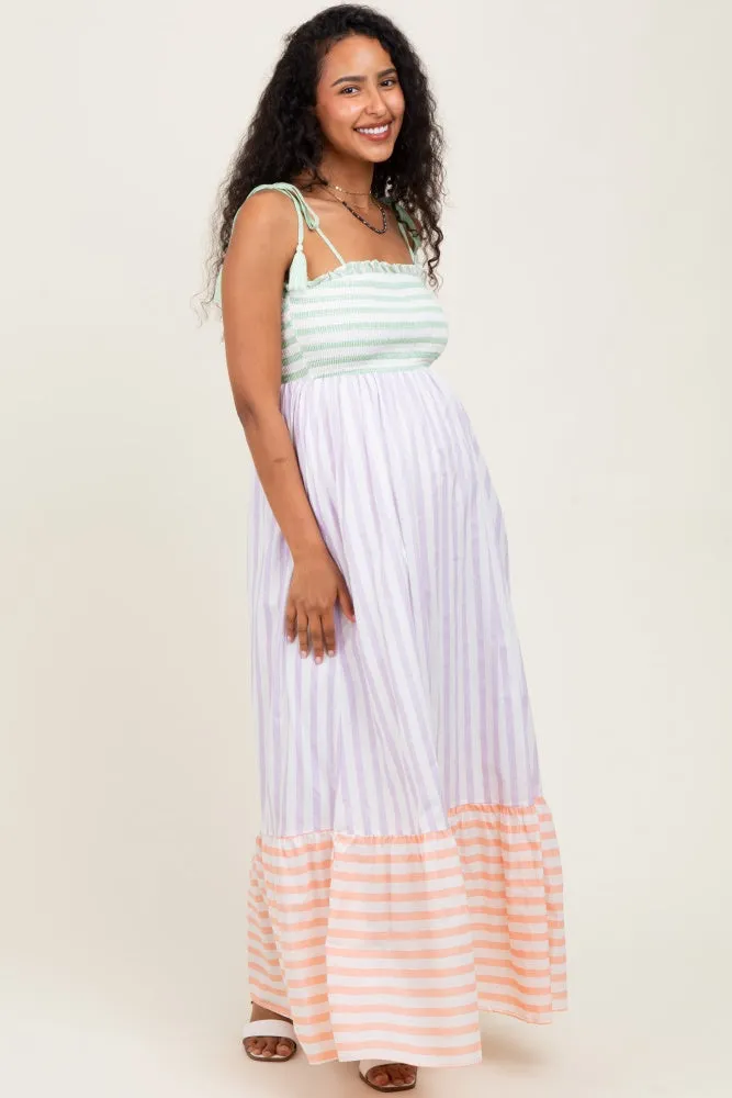 Lavender Multi-Color Striped Color Block Shoulder Tie Maternity Maxi Dress sold by Pinkblush product image thumbnail 2