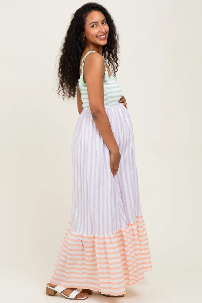 Lavender Multi-Color Striped Color Block Shoulder Tie Maternity Maxi Dress sold by Pinkblush product image thumbnail 3
