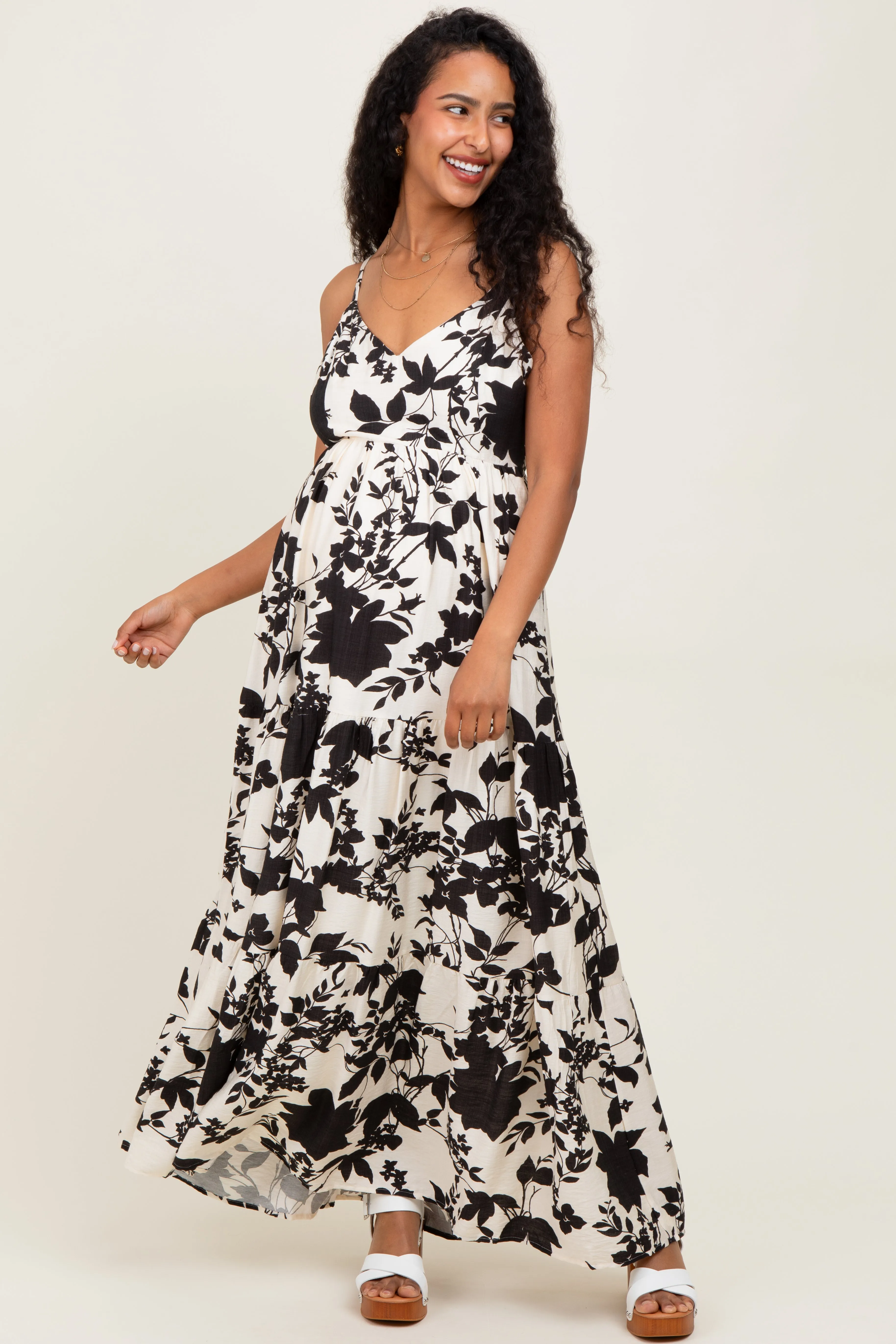 Black Floral Cutout Tie Back Maternity Maxi Dress sold by Pinkblush
