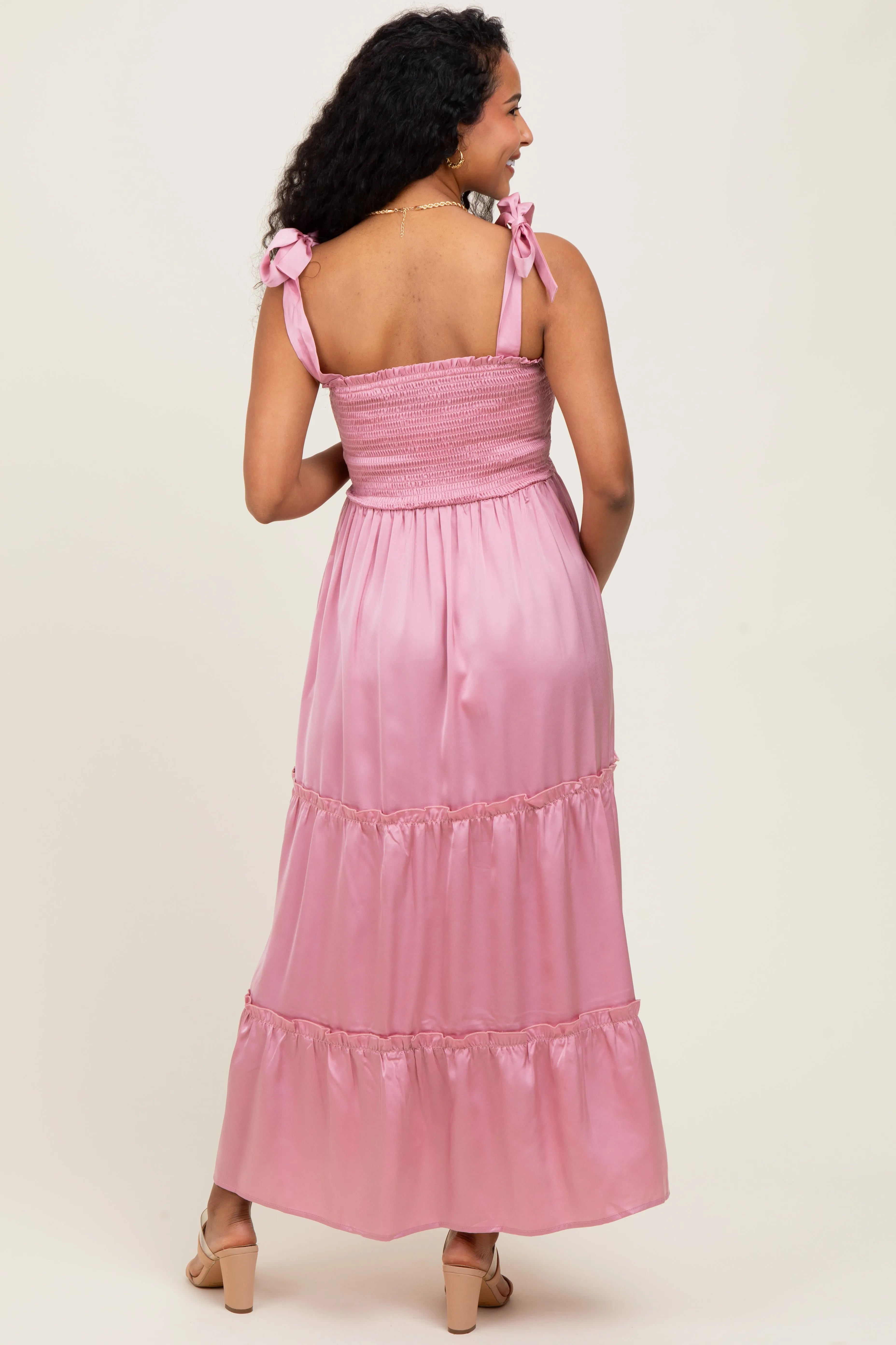 Pink Satin Smocked Maternity Maxi Dress sold by Pinkblush product image thumbnail 4