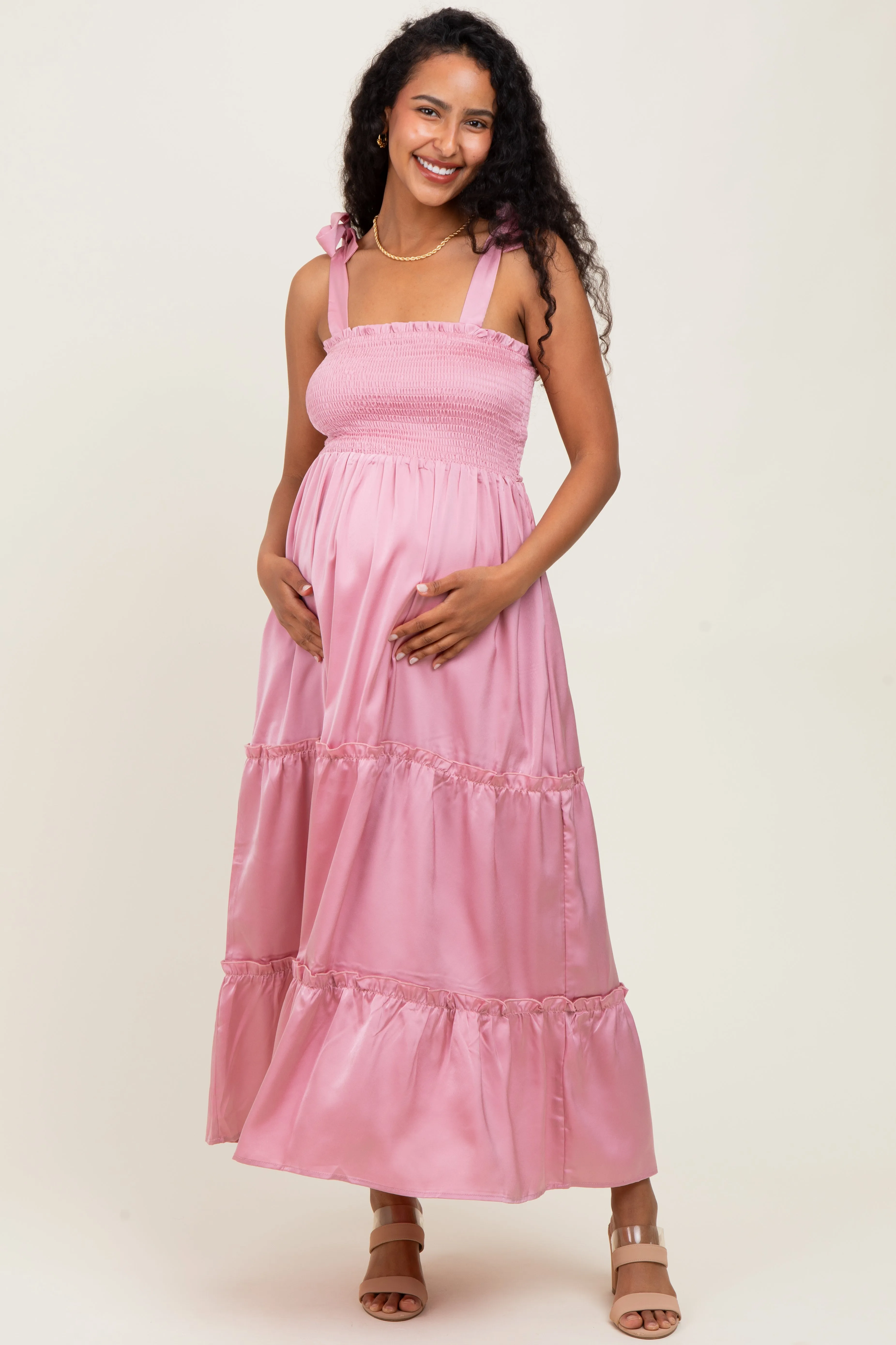 Pink Satin Smocked Maternity Maxi Dress sold by Pinkblush
