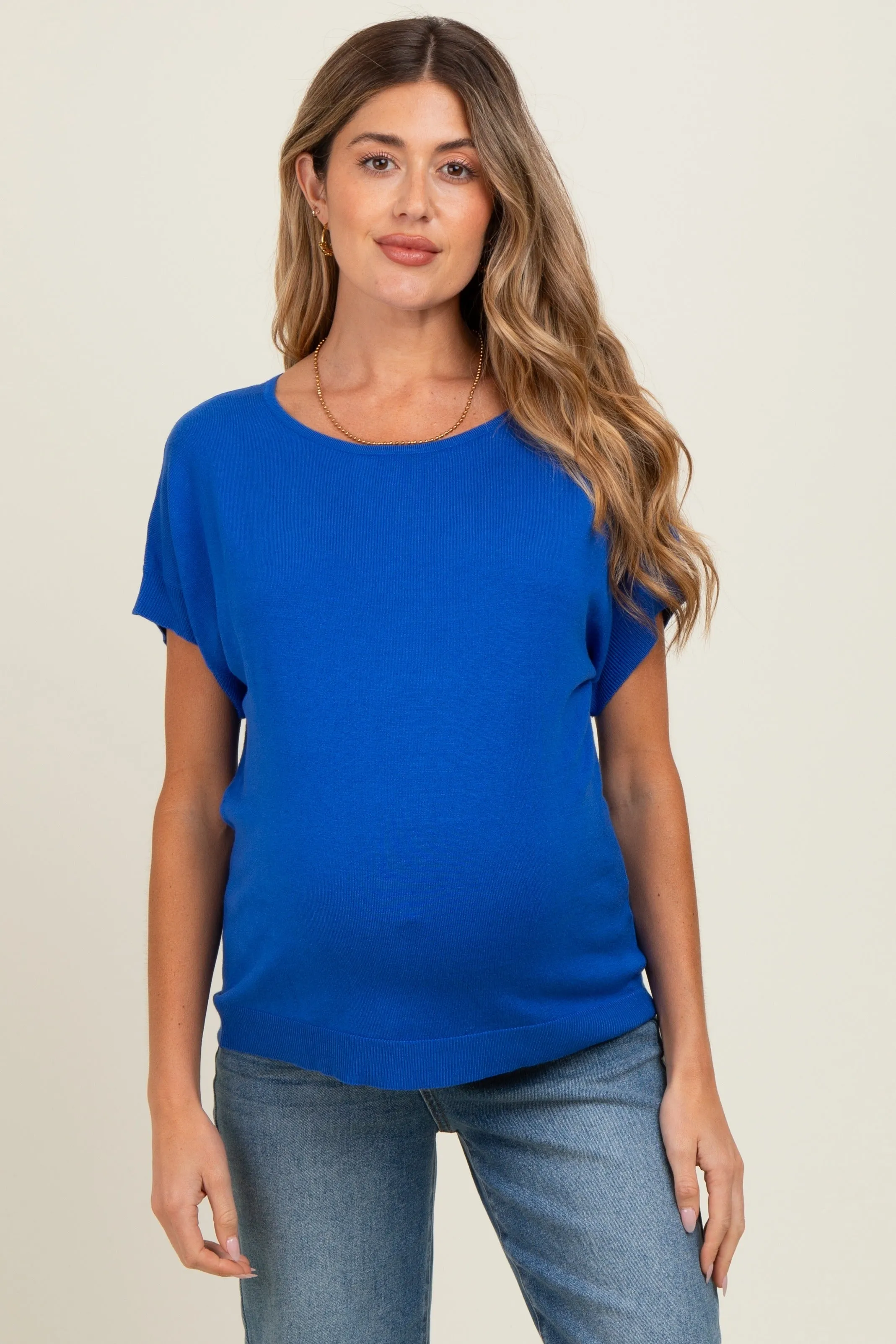 Royal Blue Knit Short Sleeve Maternity Top sold by Pinkblush