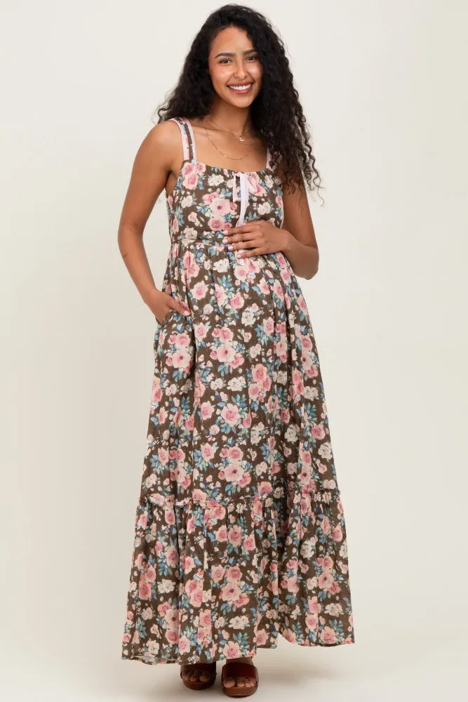 Mocha Floral Ruffle Detail Maternity Maxi Dress sold by Pinkblush product image thumbnail 2