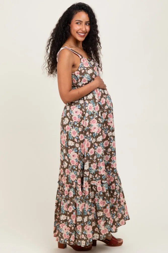 Mocha Floral Ruffle Detail Maternity Maxi Dress sold by Pinkblush product image thumbnail 3