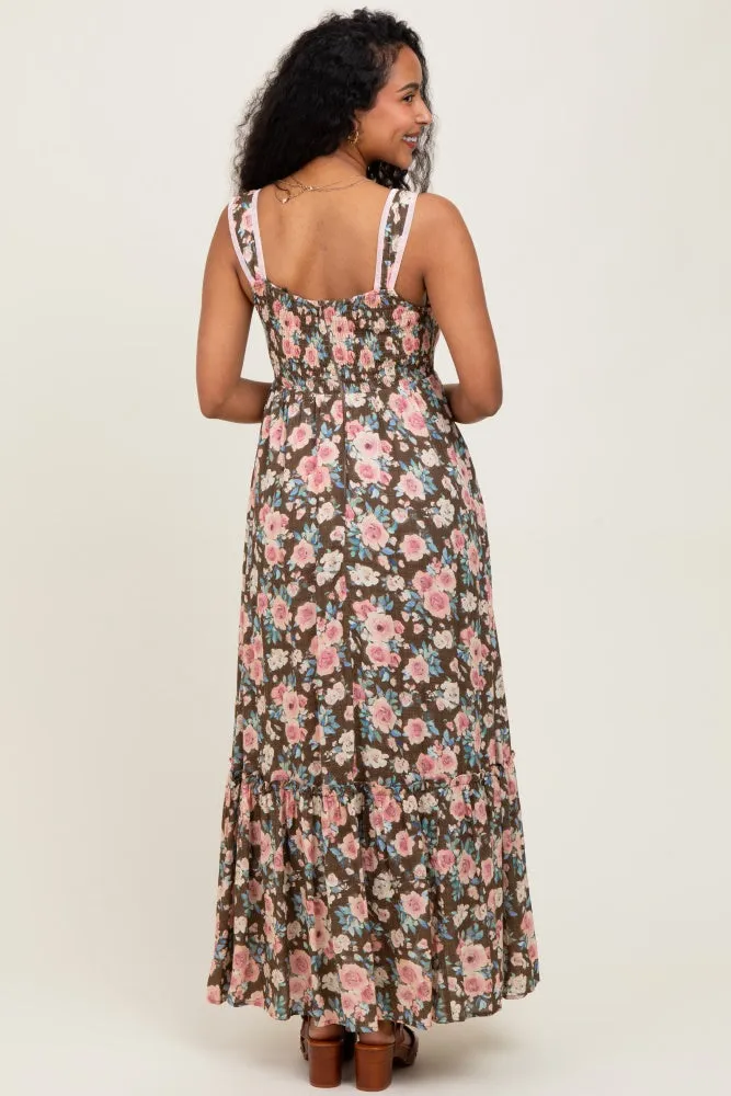Mocha Floral Ruffle Detail Maternity Maxi Dress sold by Pinkblush product image thumbnail 4