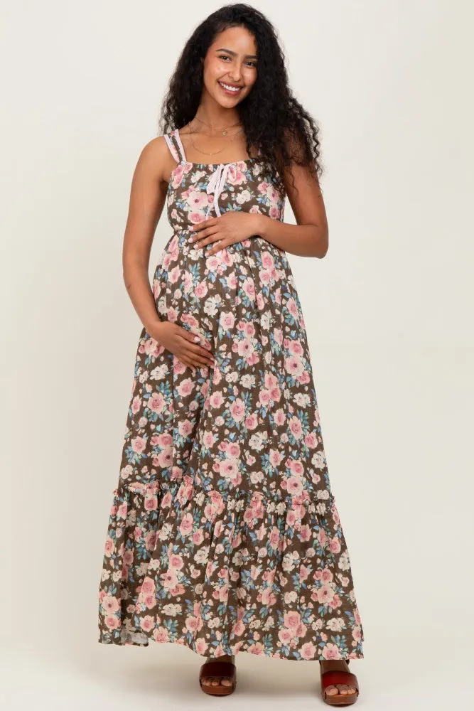 Mocha Floral Ruffle Detail Maternity Maxi Dress sold by Pinkblush