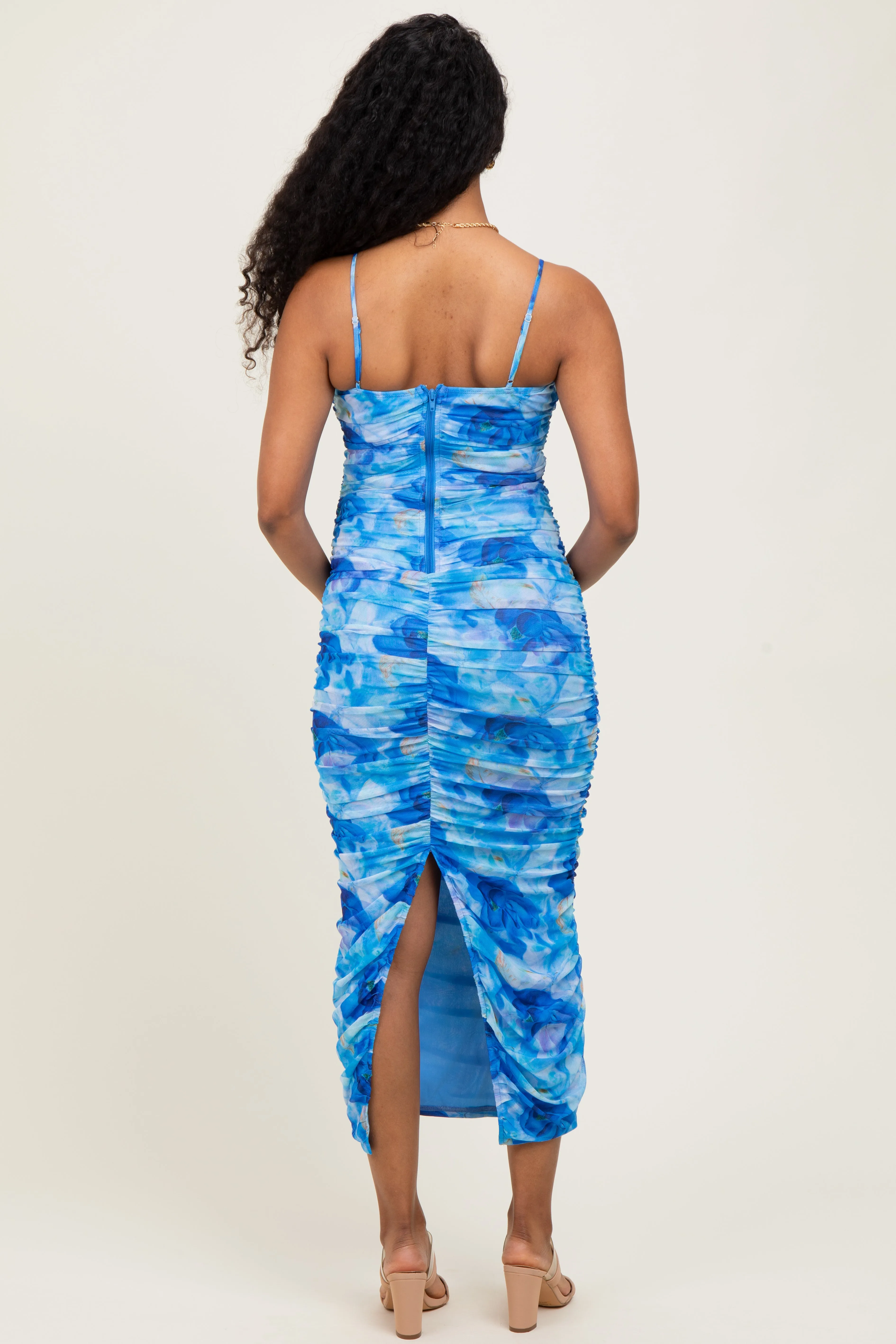 Blue Rose Floral Mesh Sleeveless Ruched Maternity Dress sold by Pinkblush product image thumbnail 4