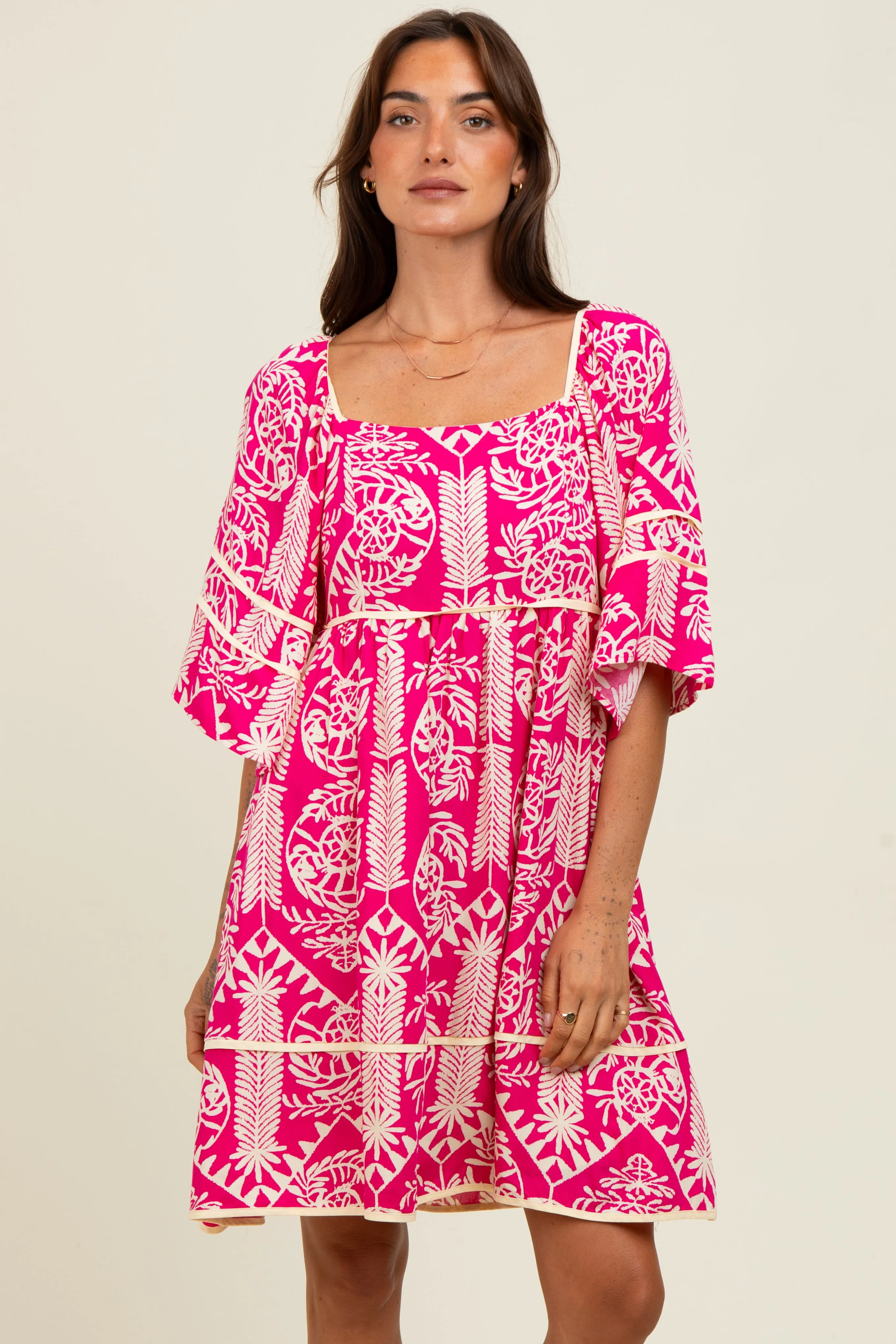 Fuchsia Printed Tie Back Contrast Trim Dress sold by Pinkblush product image thumbnail 2