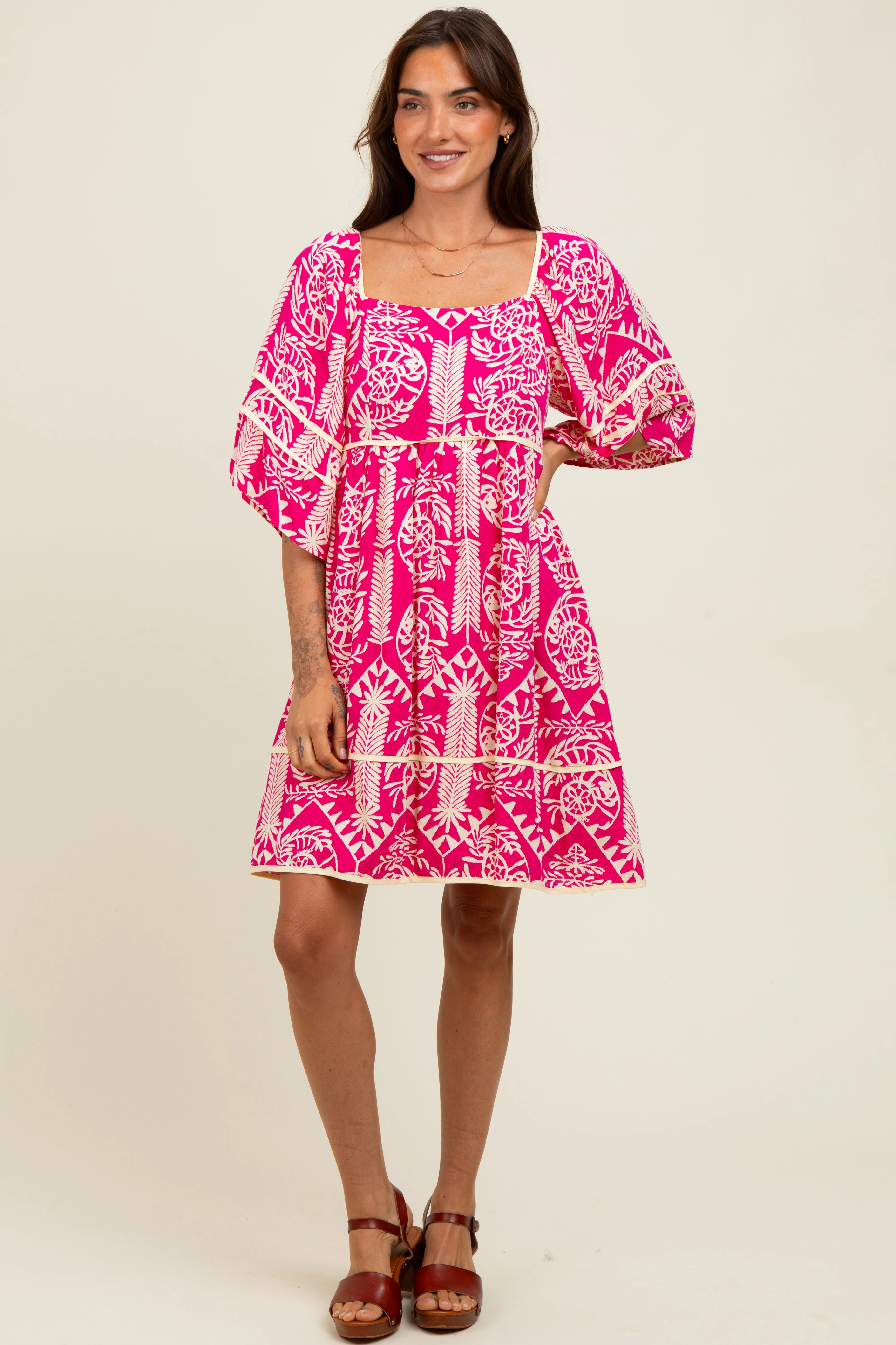 Fuchsia Printed Tie Back Contrast Trim Dress sold by Pinkblush