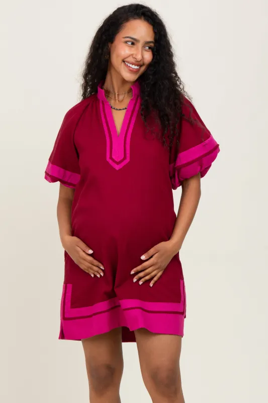 Burgundy Colorblock Border Print Maternity Mini Shift Dress sold by Pinkblush