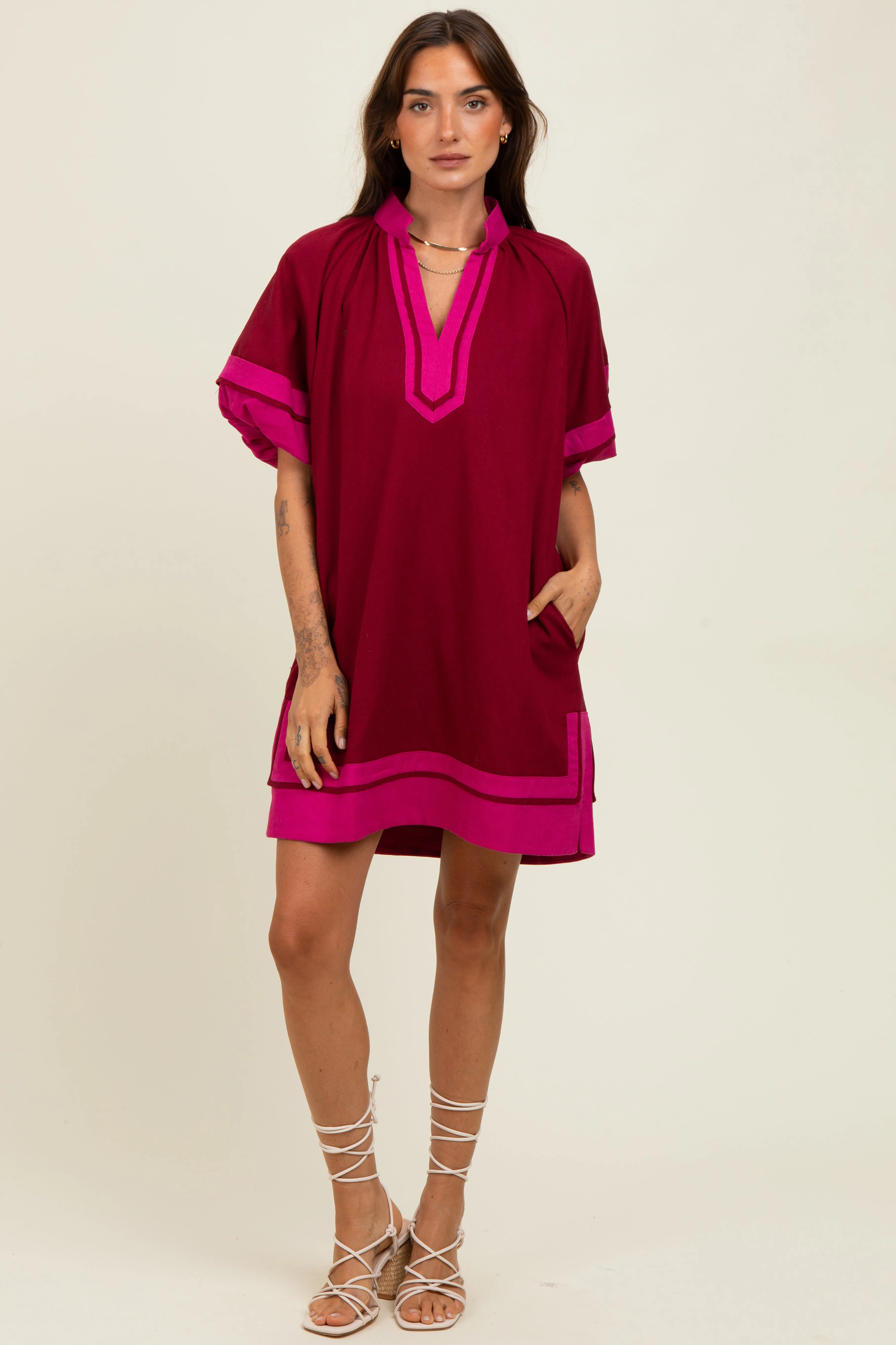 Burgundy Colorblock Border Print Maternity Mini Shift Dress sold by Pinkblush product image thumbnail 5