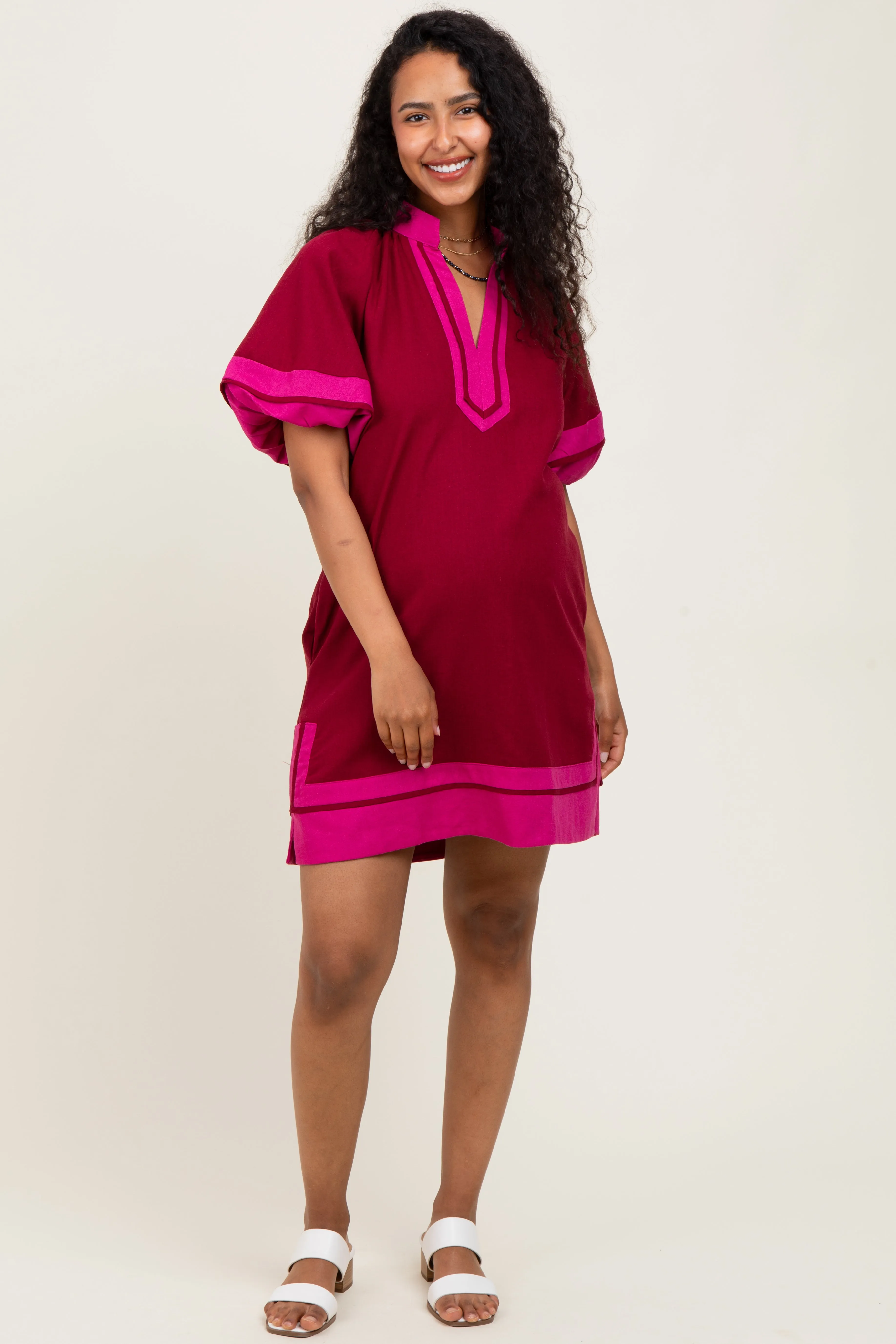 Burgundy Colorblock Border Print Maternity Mini Shift Dress sold by Pinkblush product image thumbnail 2