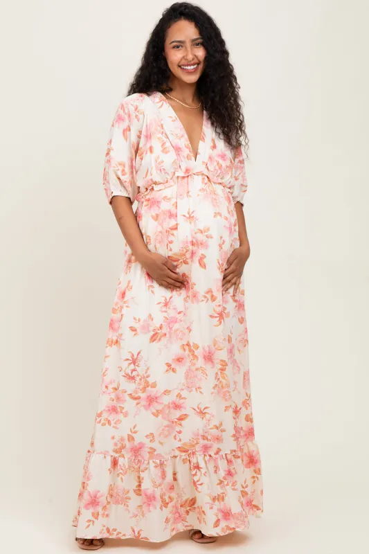 Pink Floral Printed Elbow Sleeve V-Neck Tiered Maternity Maxi Dress sold by Pinkblush