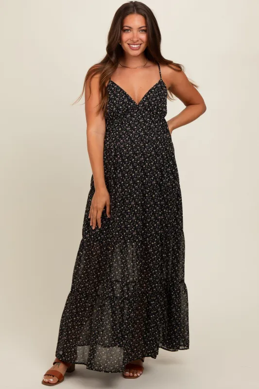 Black Floral Tiered Maternity Maxi Dress sold by Pinkblush