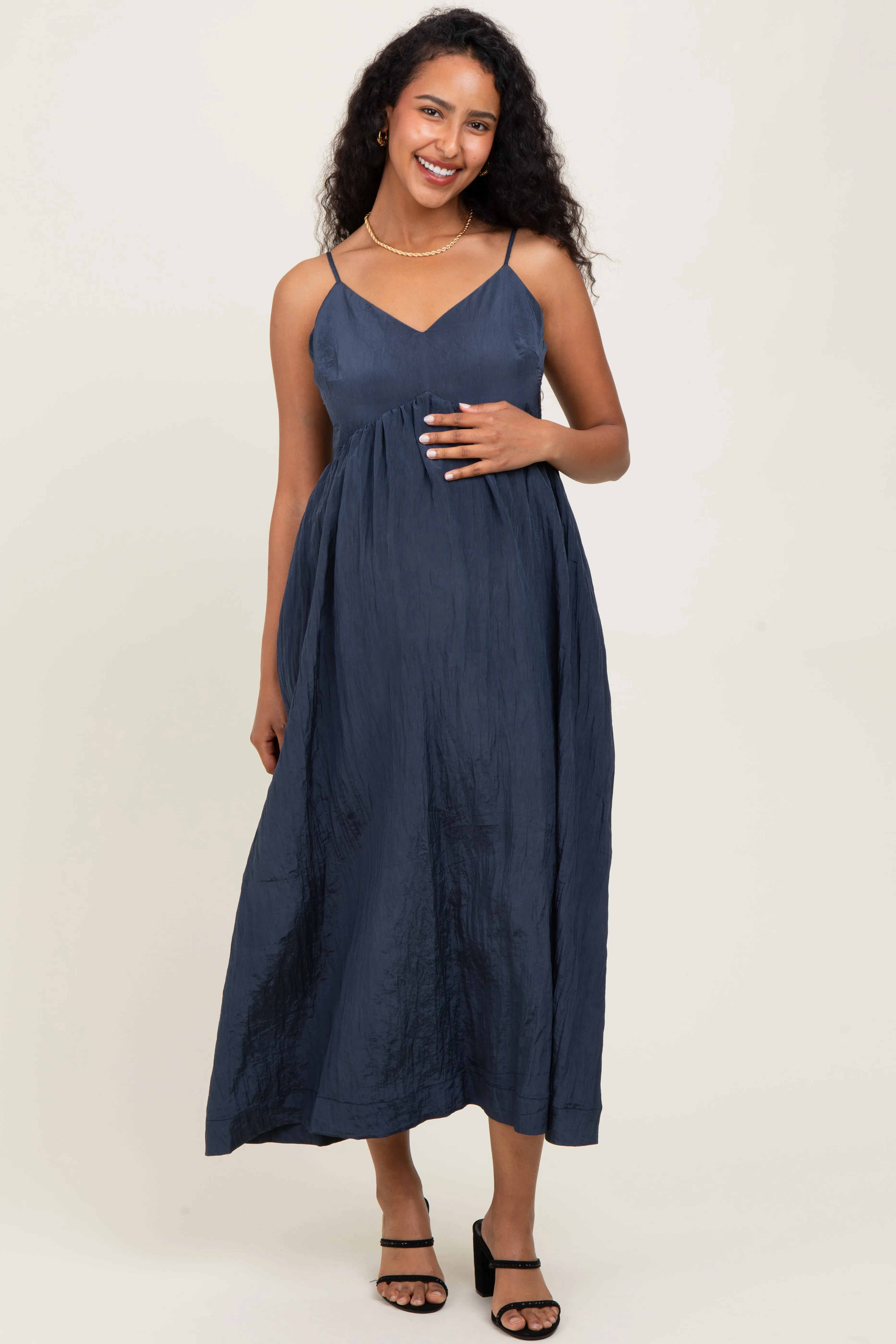 Navy Crinkle Texture V-Neck Sleeveless Maternity Dress sold by Pinkblush