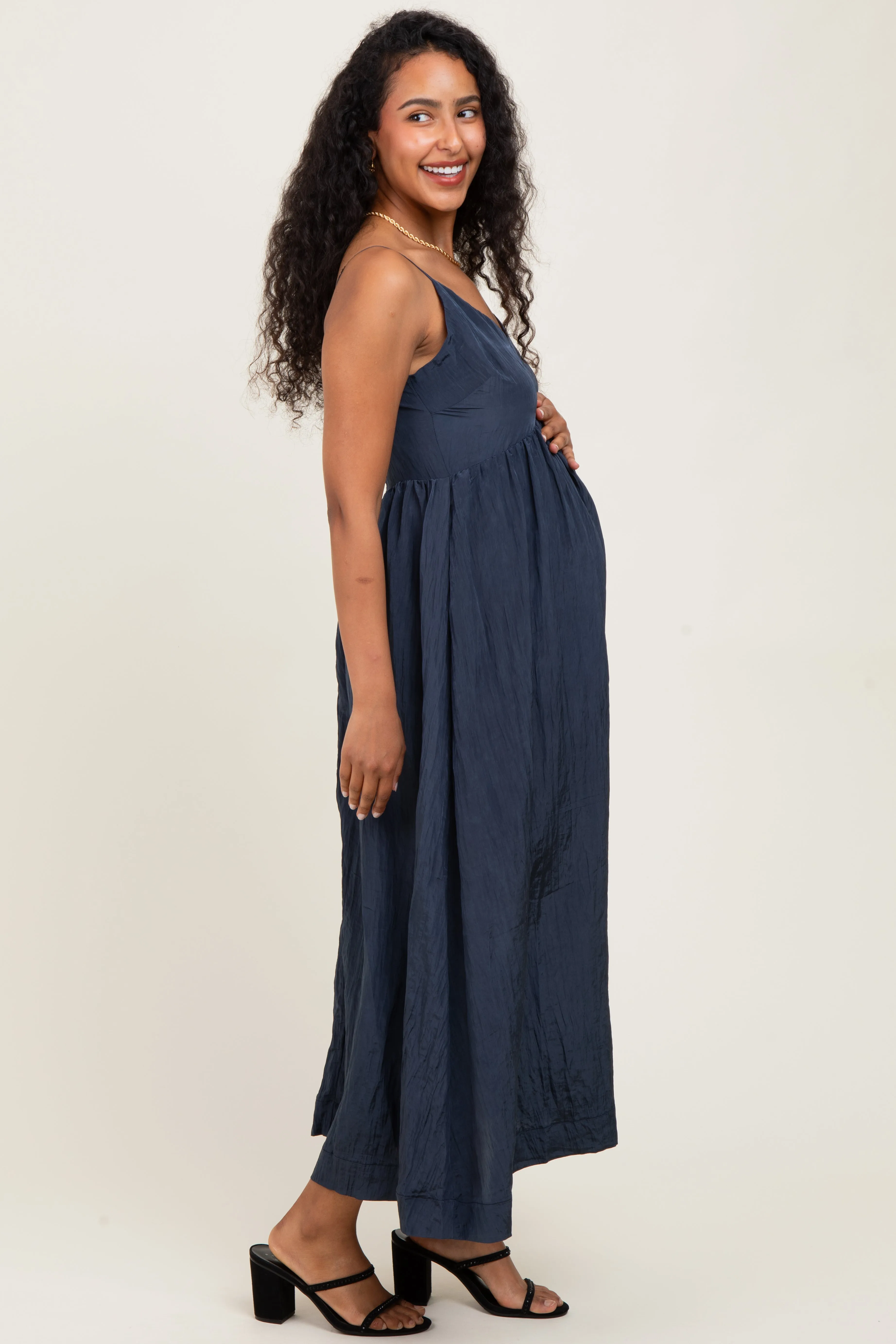 Navy Crinkle Texture V-Neck Sleeveless Maternity Dress sold by Pinkblush product image thumbnail 2