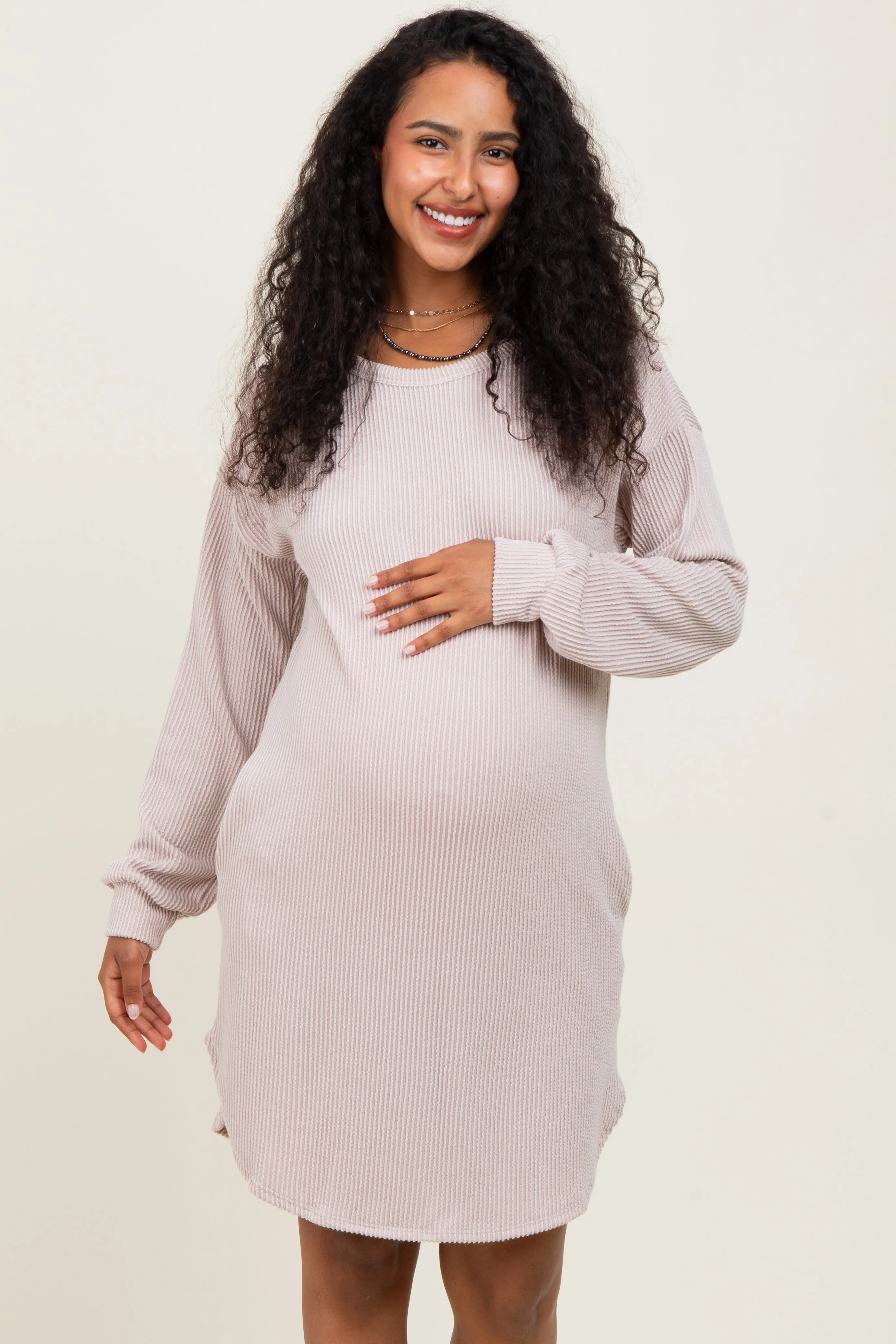 Beige Rib Knit Long Sleeve Maternity Dress sold by Pinkblush