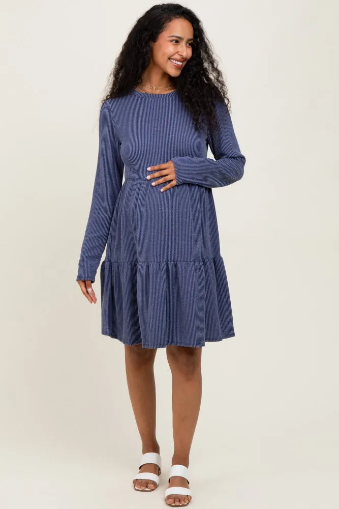 Navy Textured Rib Tiered Long Sleeve Maternity Dress sold by Pinkblush