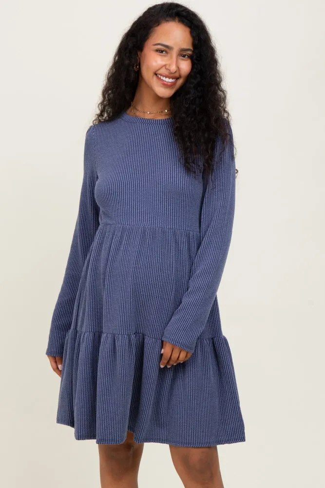 Navy Textured Rib Tiered Long Sleeve Maternity Dress sold by Pinkblush product image thumbnail 2
