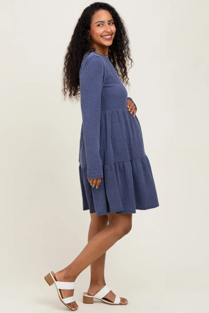 Navy Textured Rib Tiered Long Sleeve Maternity Dress sold by Pinkblush product image thumbnail 3
