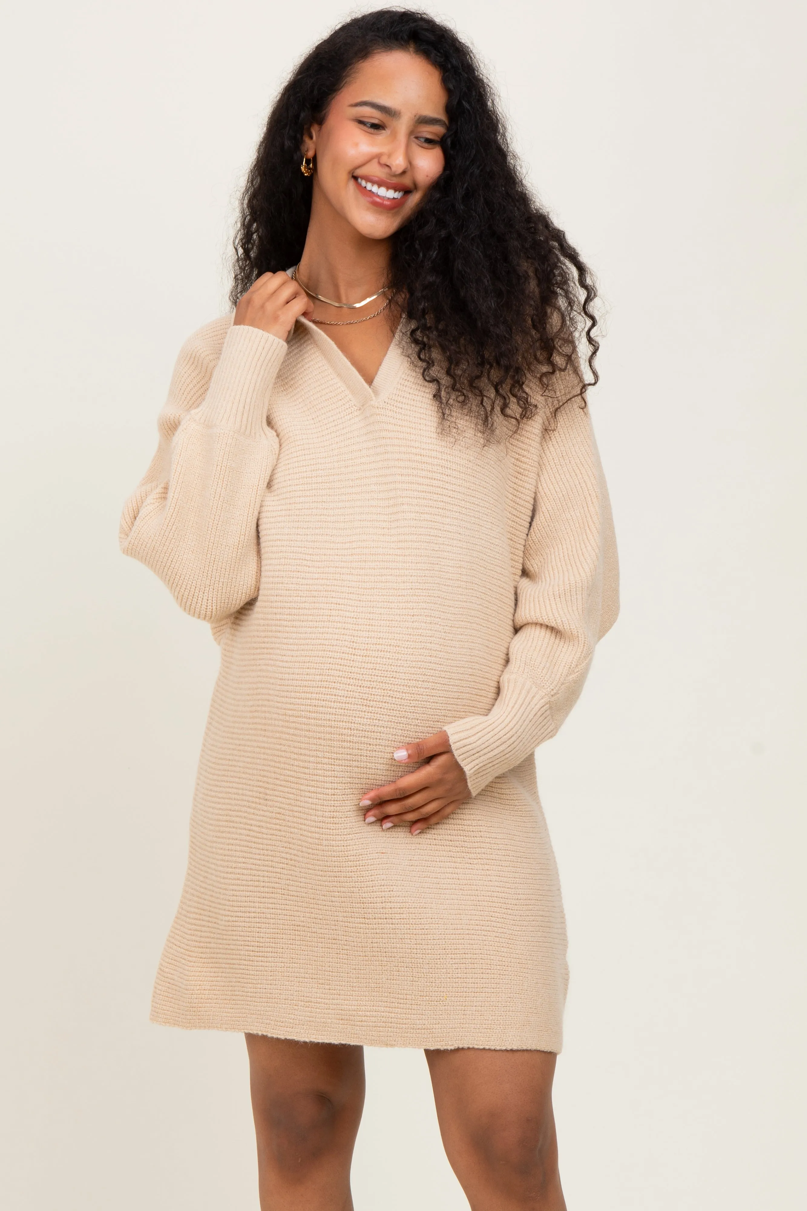 Taupe Chunky Knit Collared Maternity Sweater Dress sold by Pinkblush