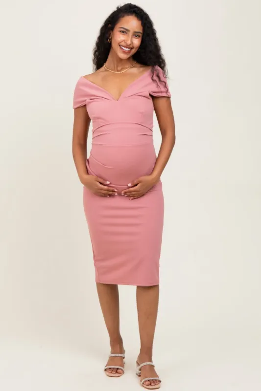 Pink Off Shoulder Fitted Maternity Midi Dress sold by Pinkblush