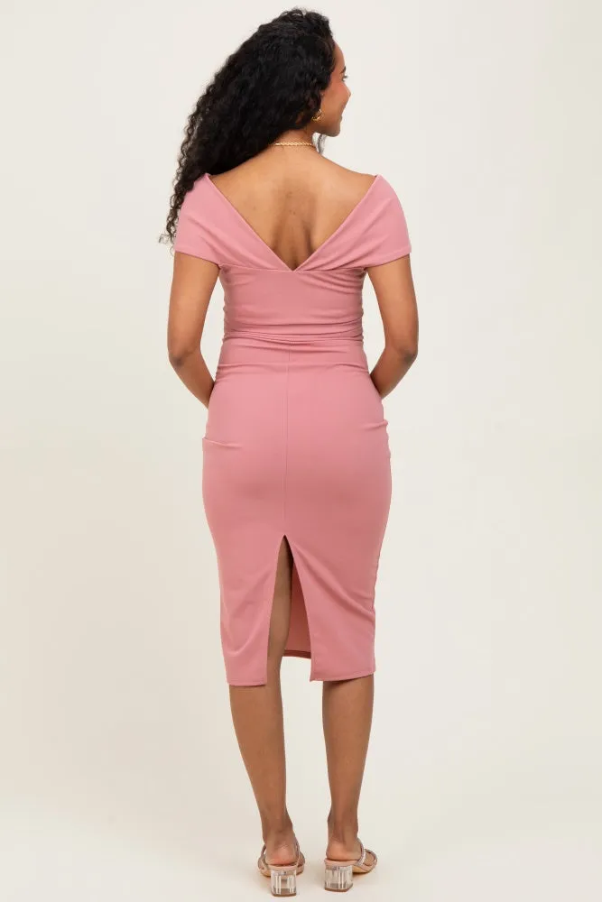 Pink Off Shoulder Fitted Maternity Midi Dress sold by Pinkblush product image thumbnail 4