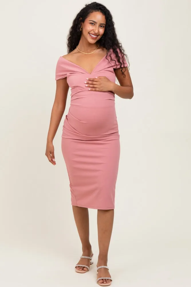 Pink Off Shoulder Fitted Maternity Midi Dress sold by Pinkblush product image thumbnail 2