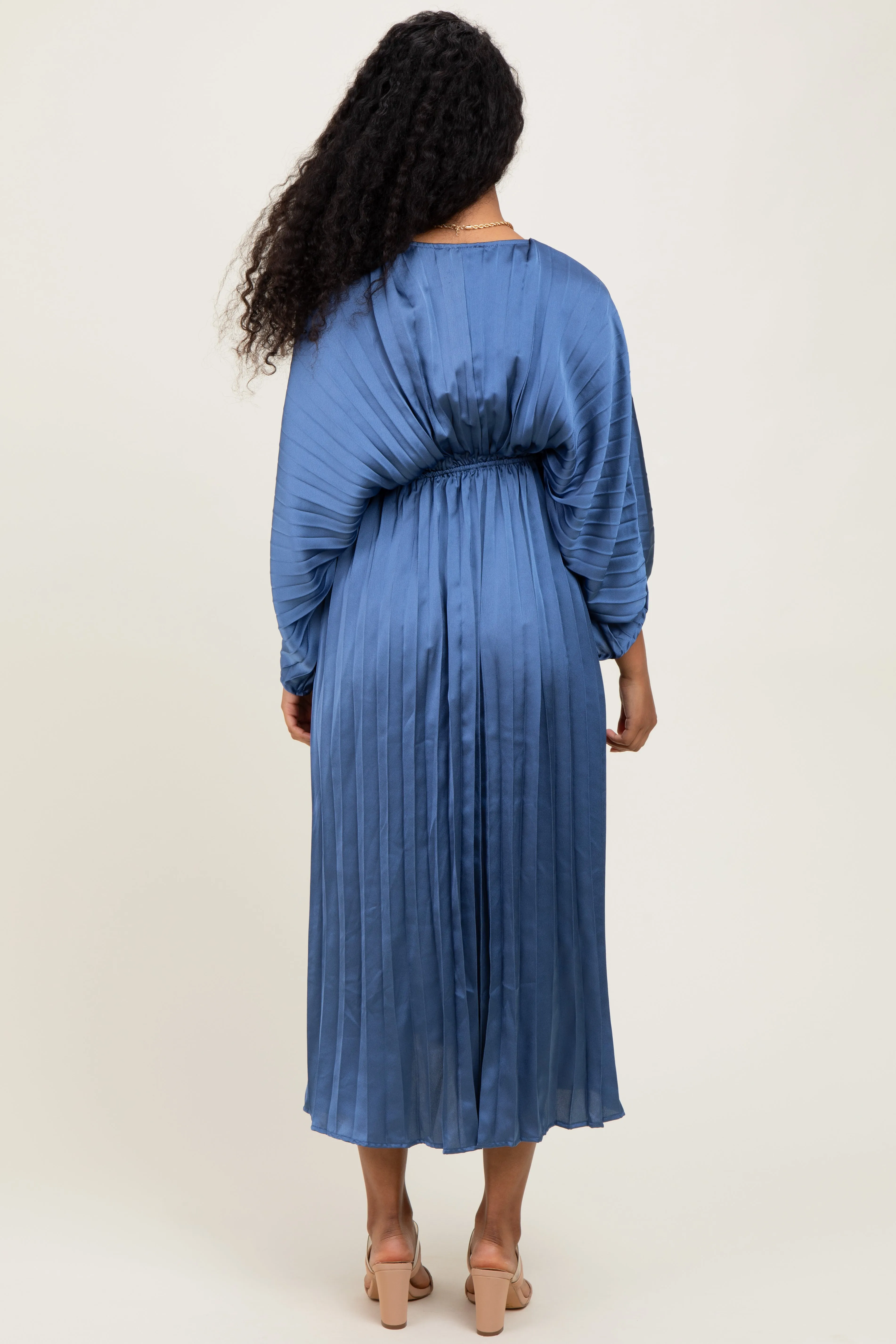 Blue Satin Pleated V-Neck Maternity Maxi Dress sold by Pinkblush product image thumbnail 3