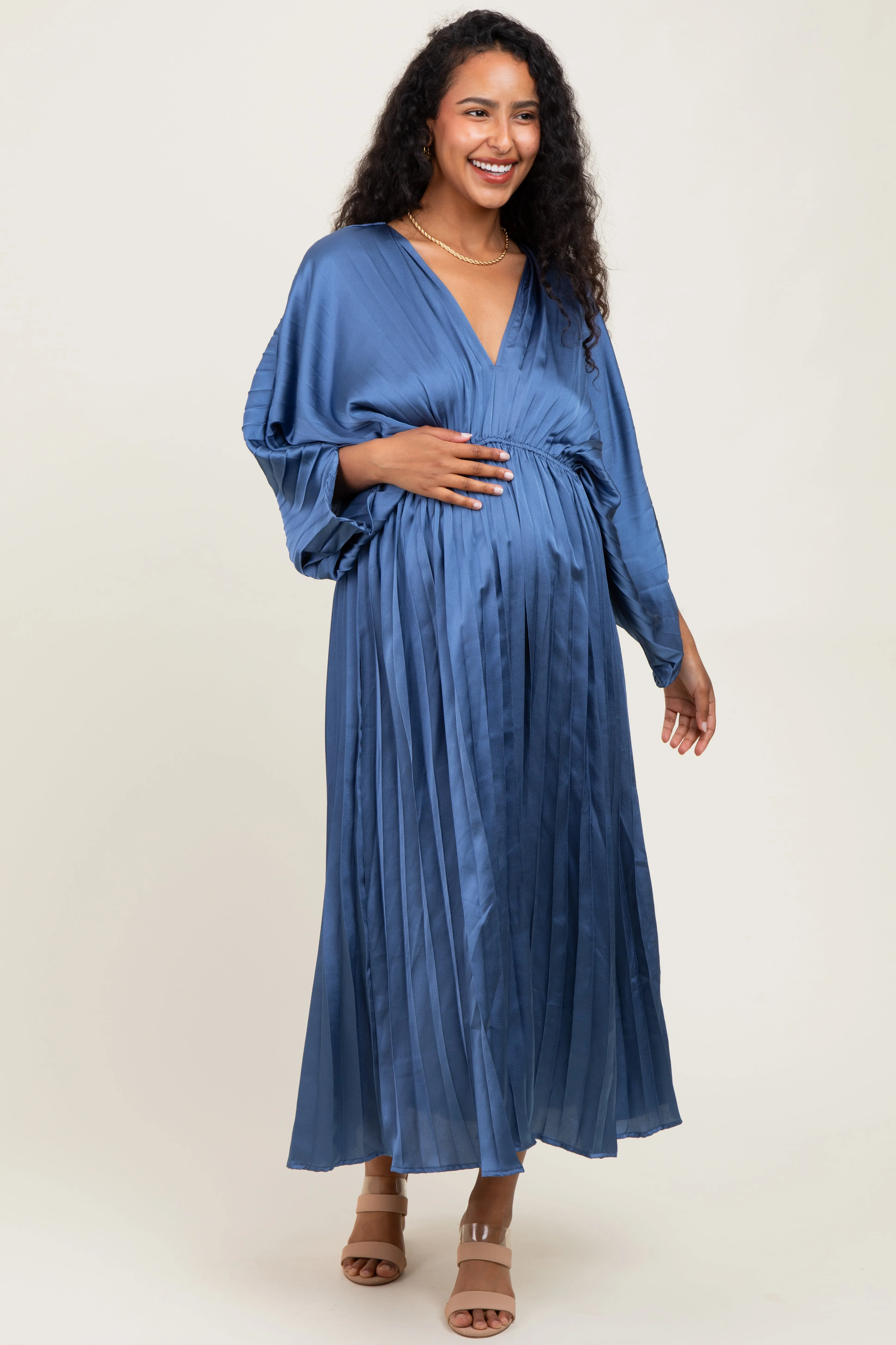 Blue Satin Pleated V-Neck Maternity Maxi Dress sold by Pinkblush