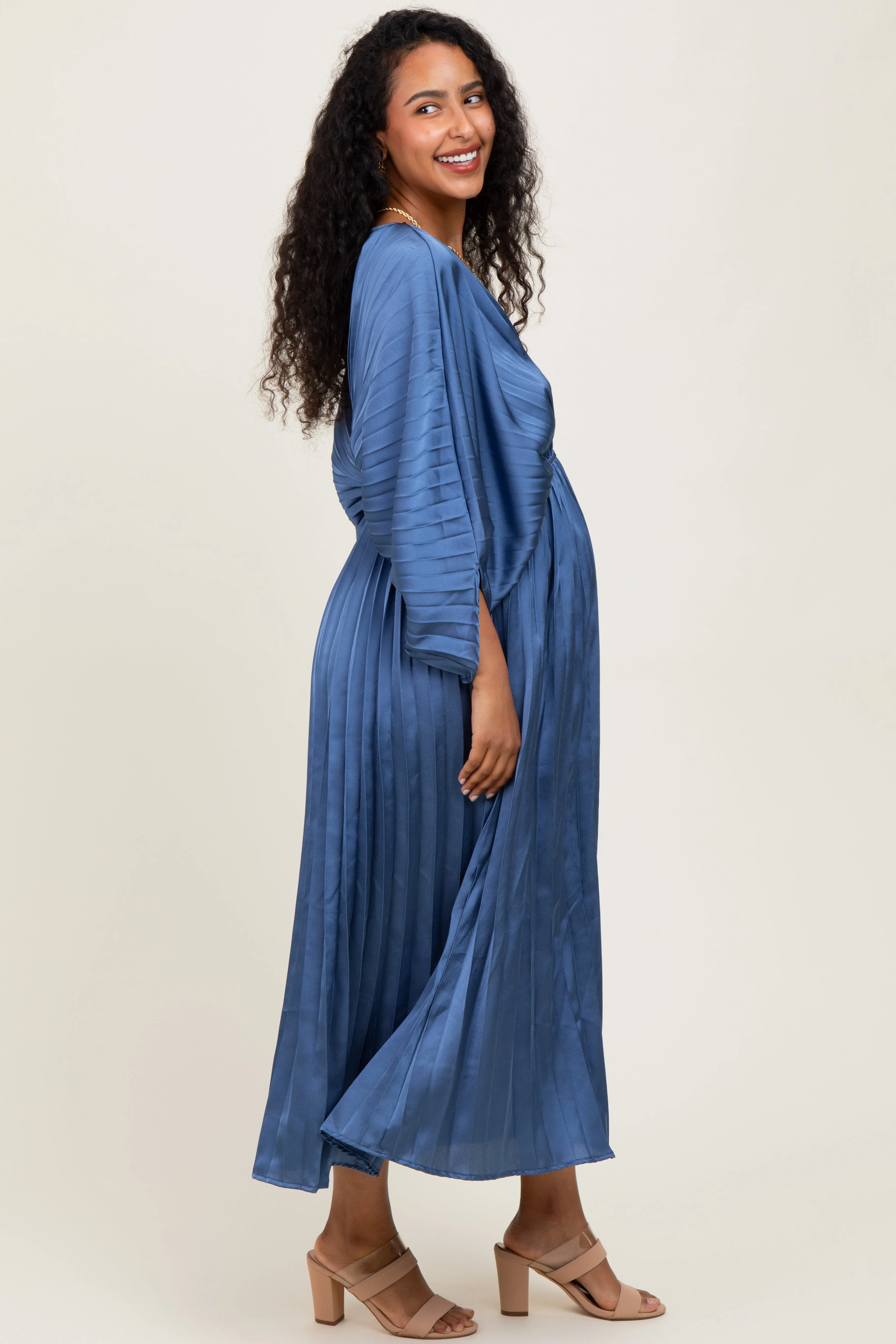 Blue Satin Pleated V-Neck Maternity Maxi Dress sold by Pinkblush product image thumbnail 2