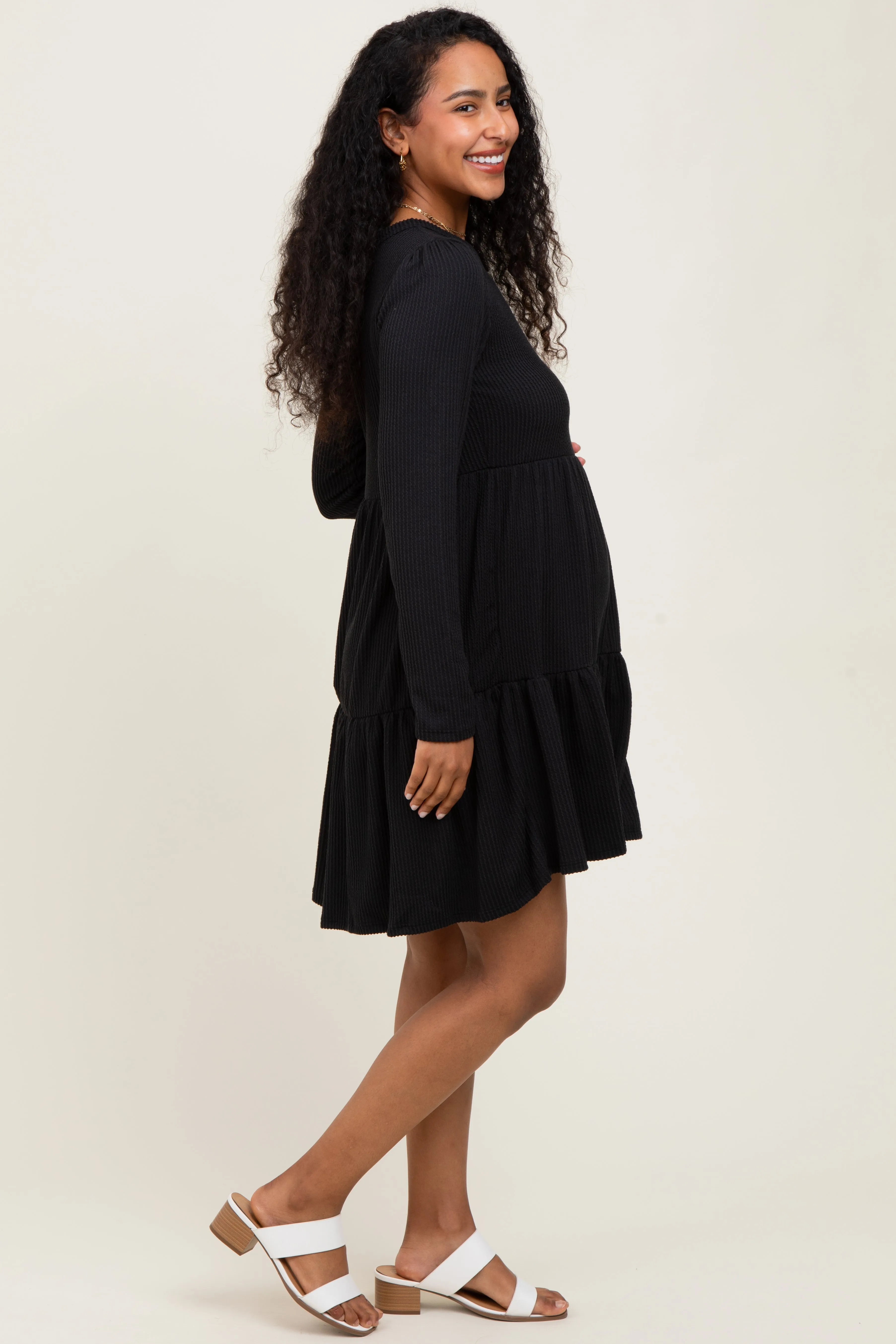 Black Textured Rib Tiered Long Sleeve Maternity Dress sold by Pinkblush product image thumbnail 2