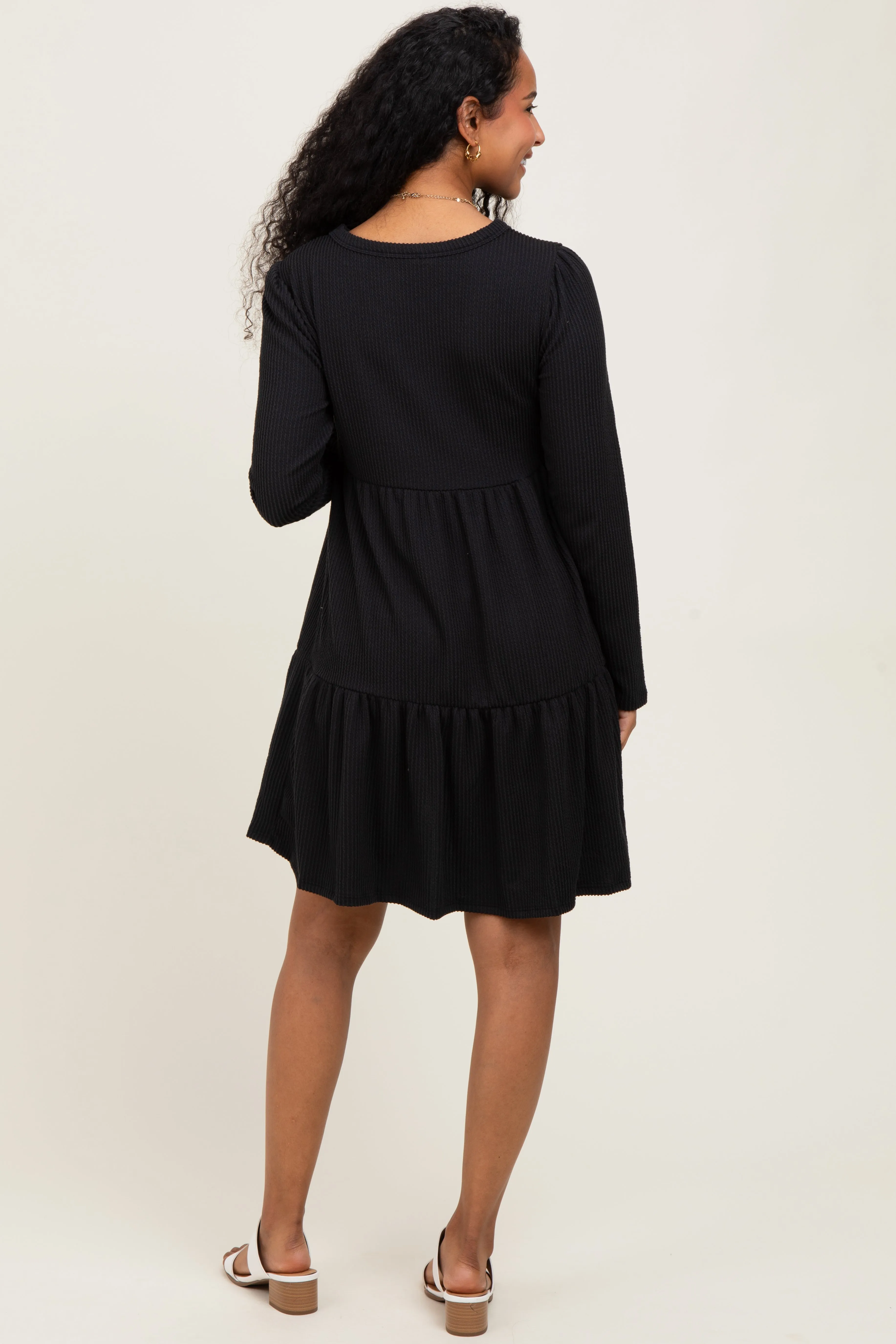 Black Textured Rib Tiered Long Sleeve Maternity Dress sold by Pinkblush product image thumbnail 3