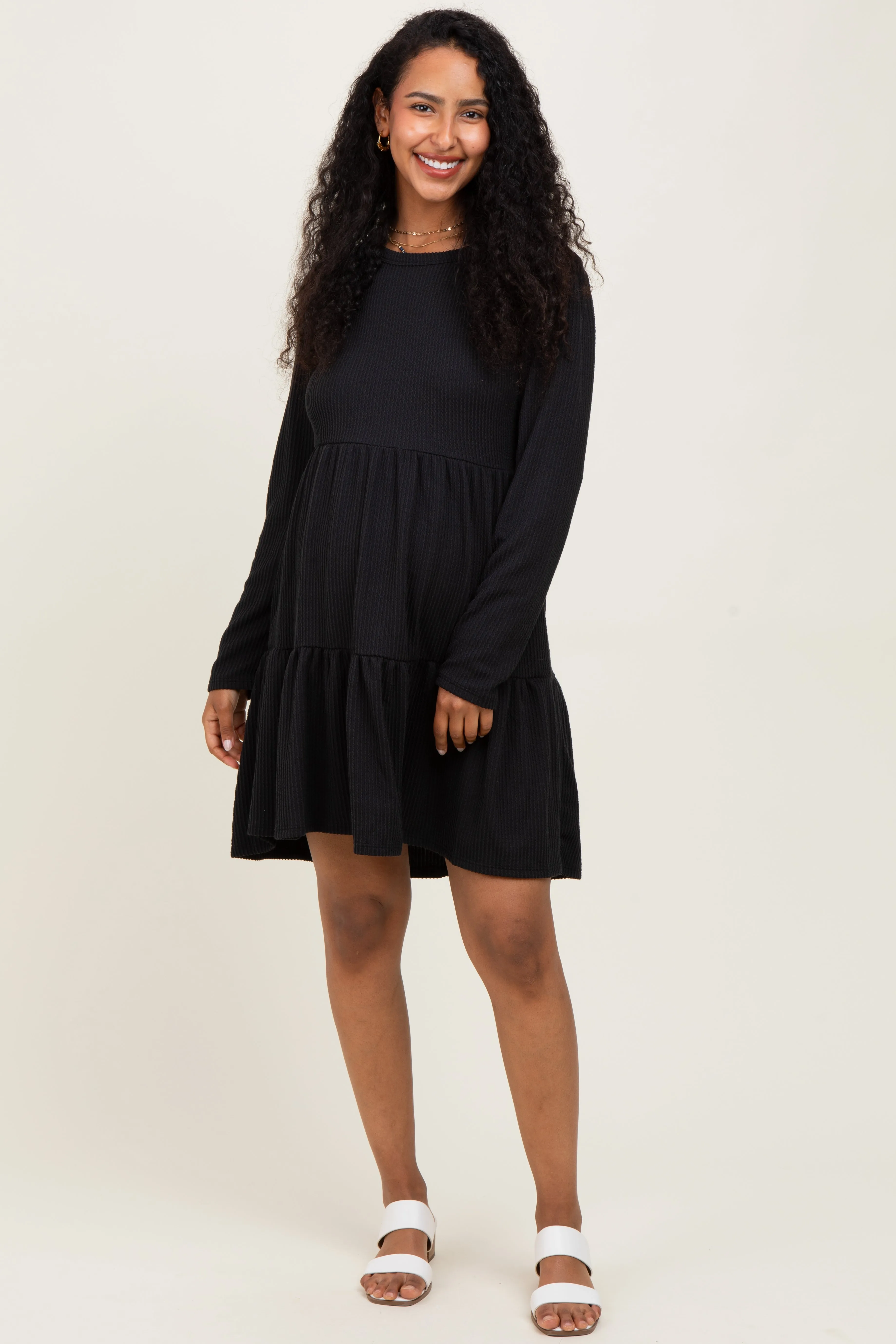 Black Textured Rib Tiered Long Sleeve Maternity Dress sold by Pinkblush