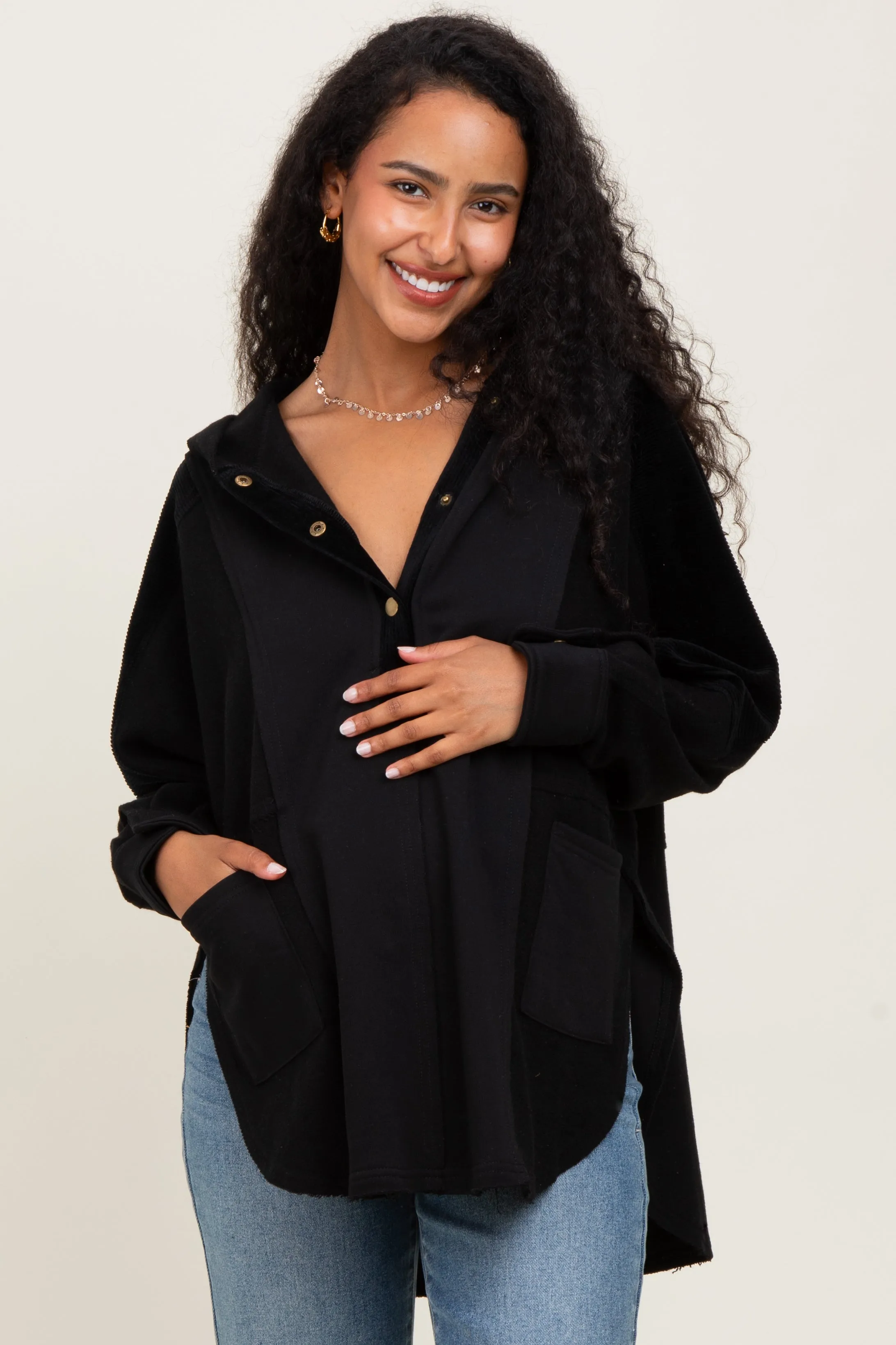 Black Corduroy Contrast Oversized Maternity Hoodie sold by Pinkblush
